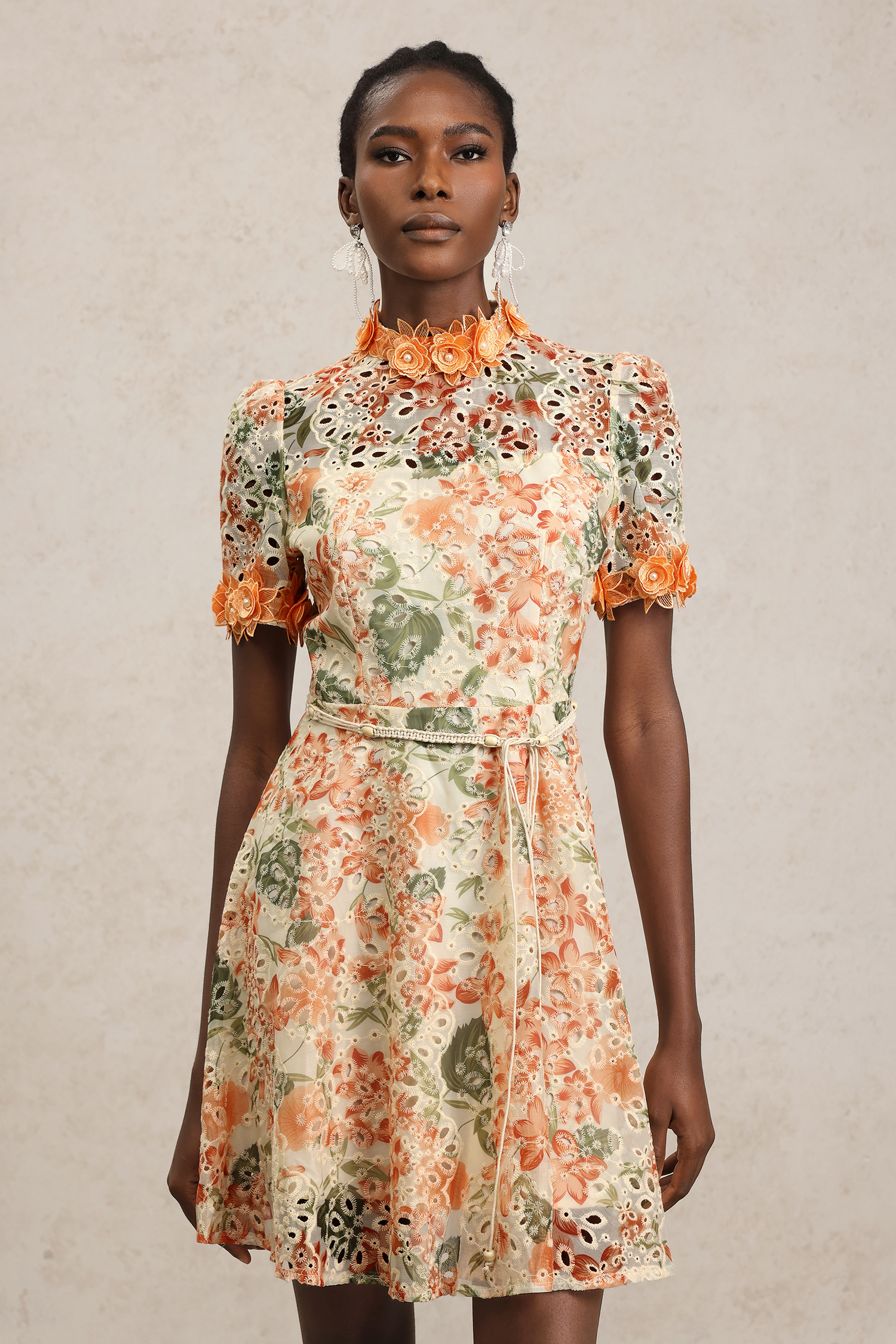 Persasy Short Sleeves Flowers Printed Lace Mini Dress