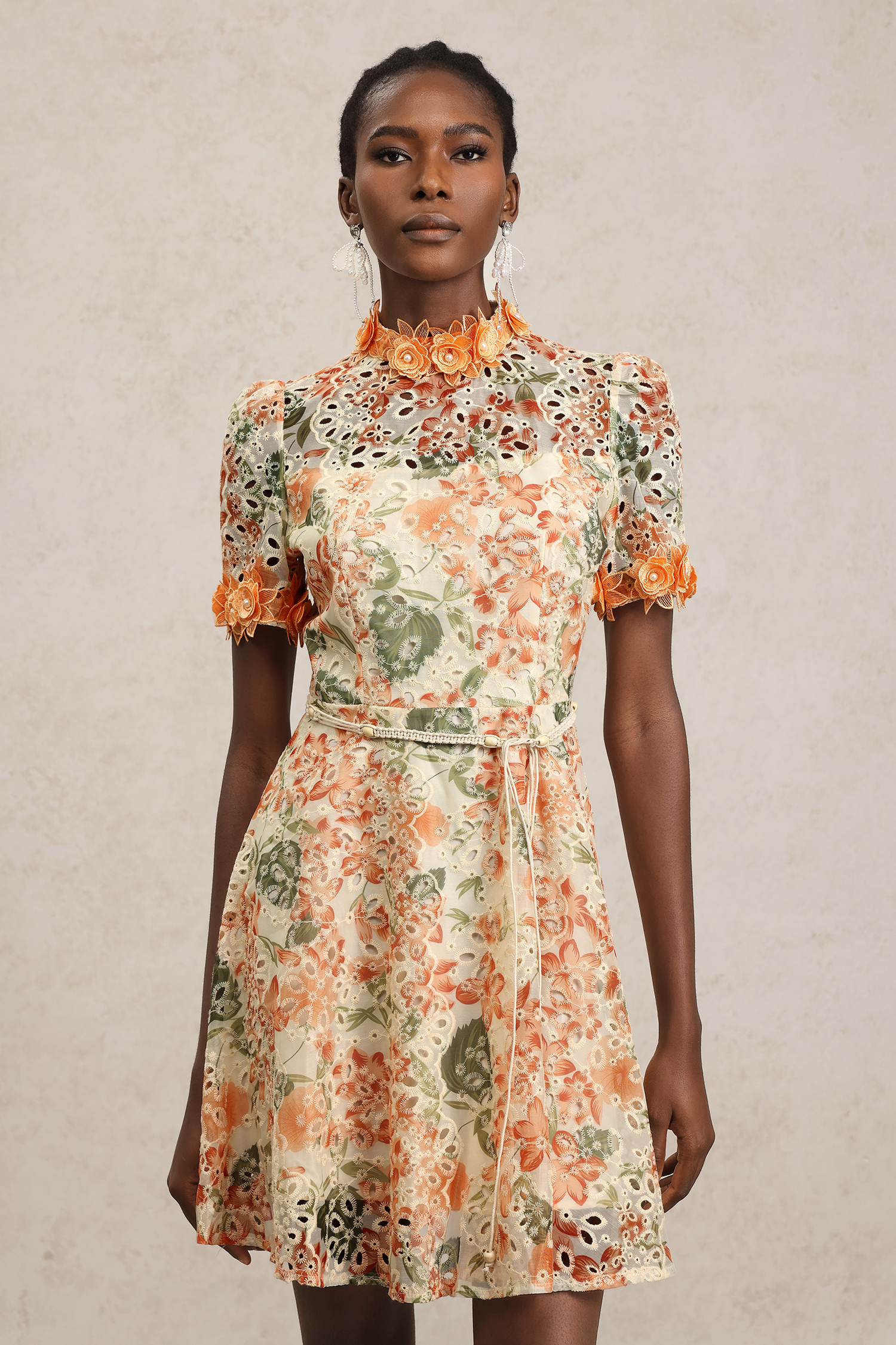 Persasy Short Sleeves Flowers Printed Lace Mini Dress