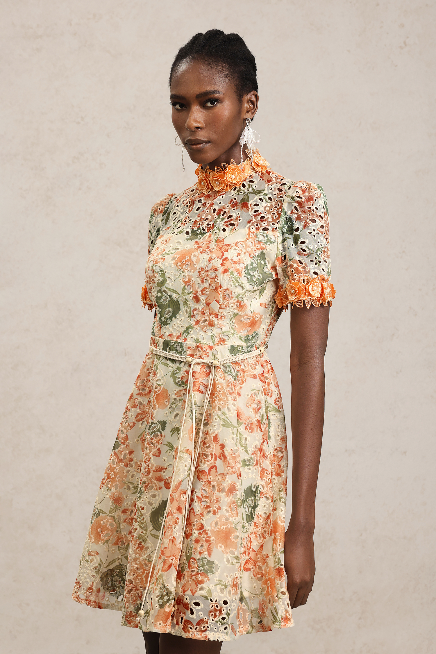 Persasy Short Sleeves Flowers Printed Lace Mini Dress