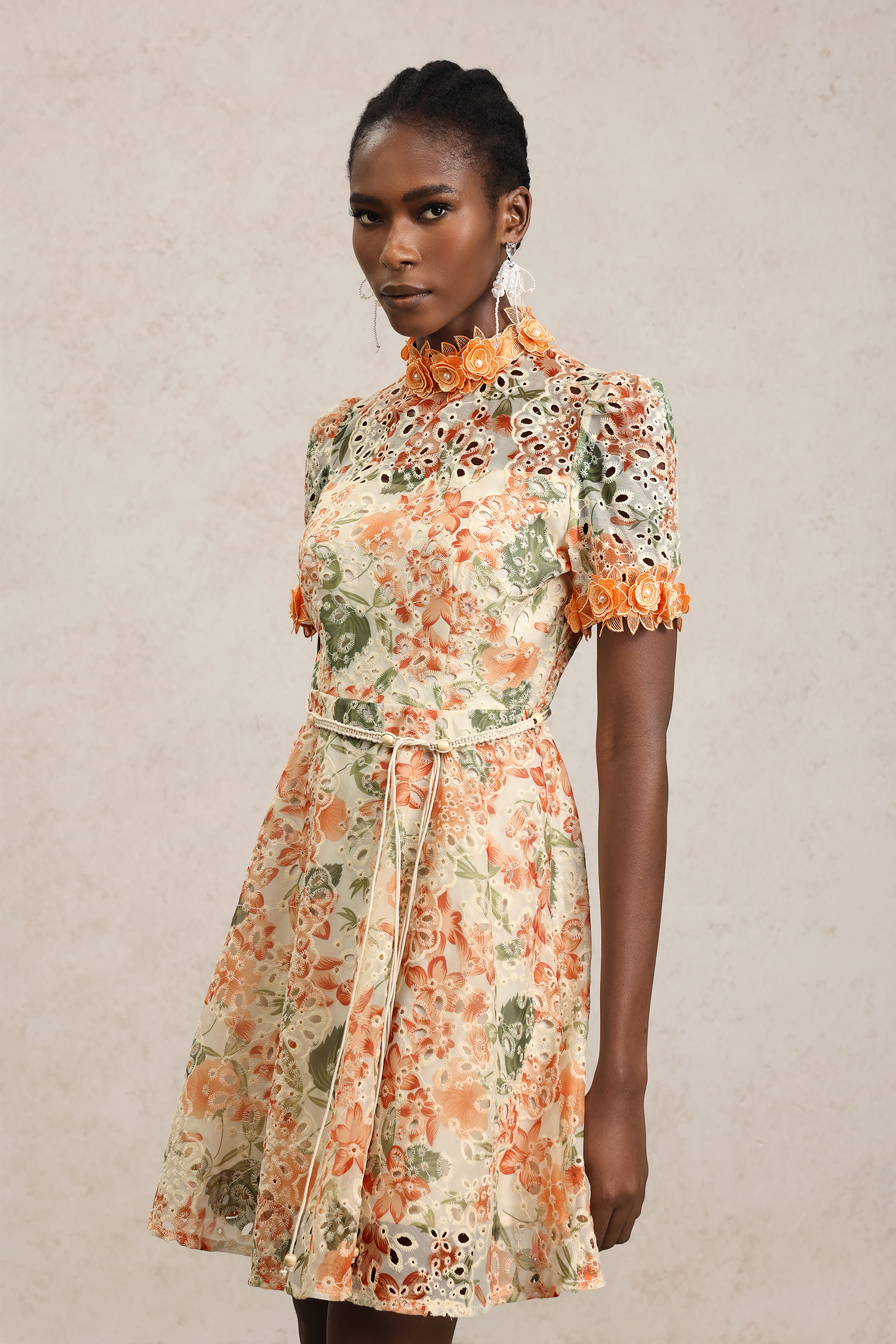 Persasy Short Sleeves Flowers Printed Lace Mini Dress