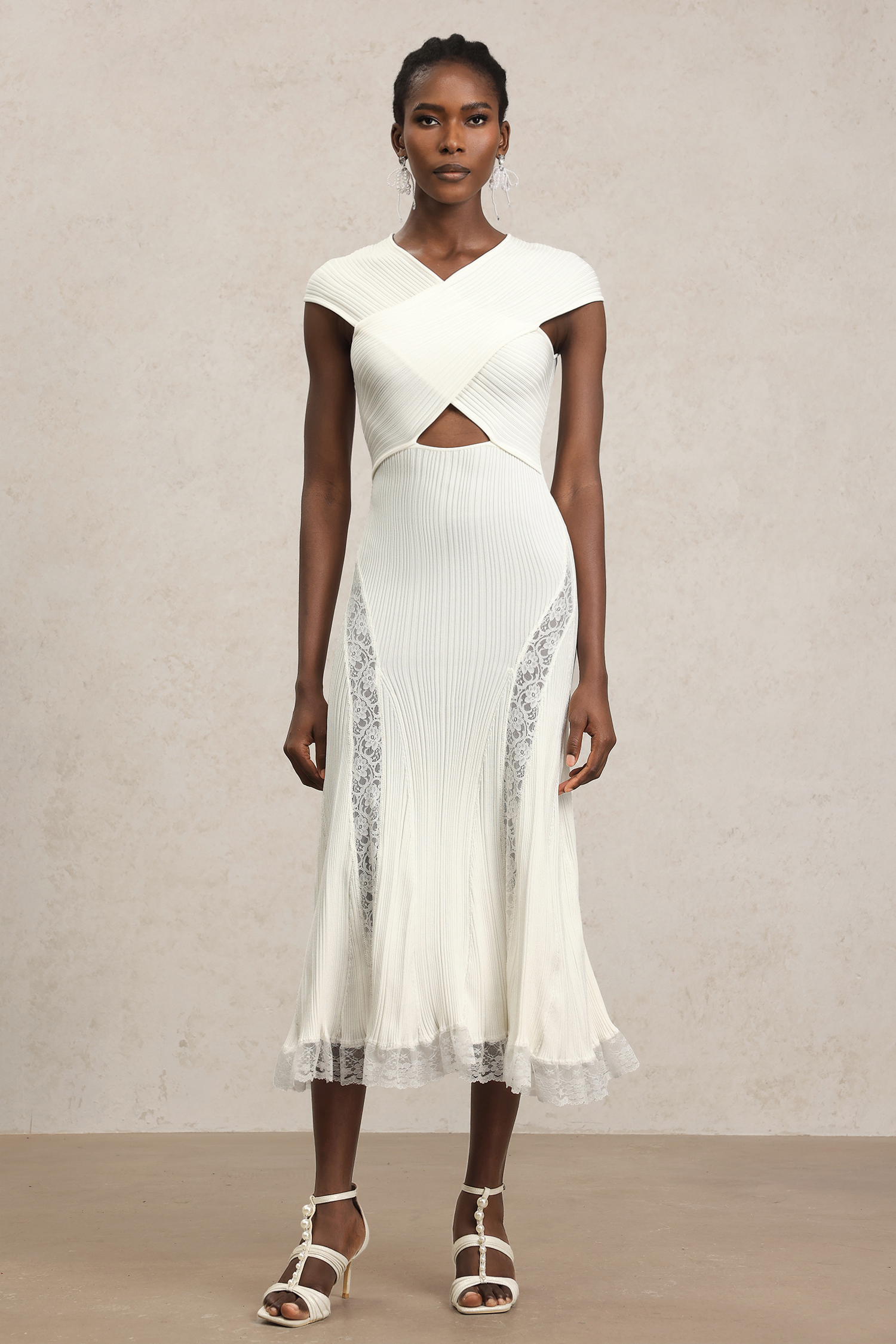 Rcia Sleeveless Lace Hollow Out Bandage Midi Dress