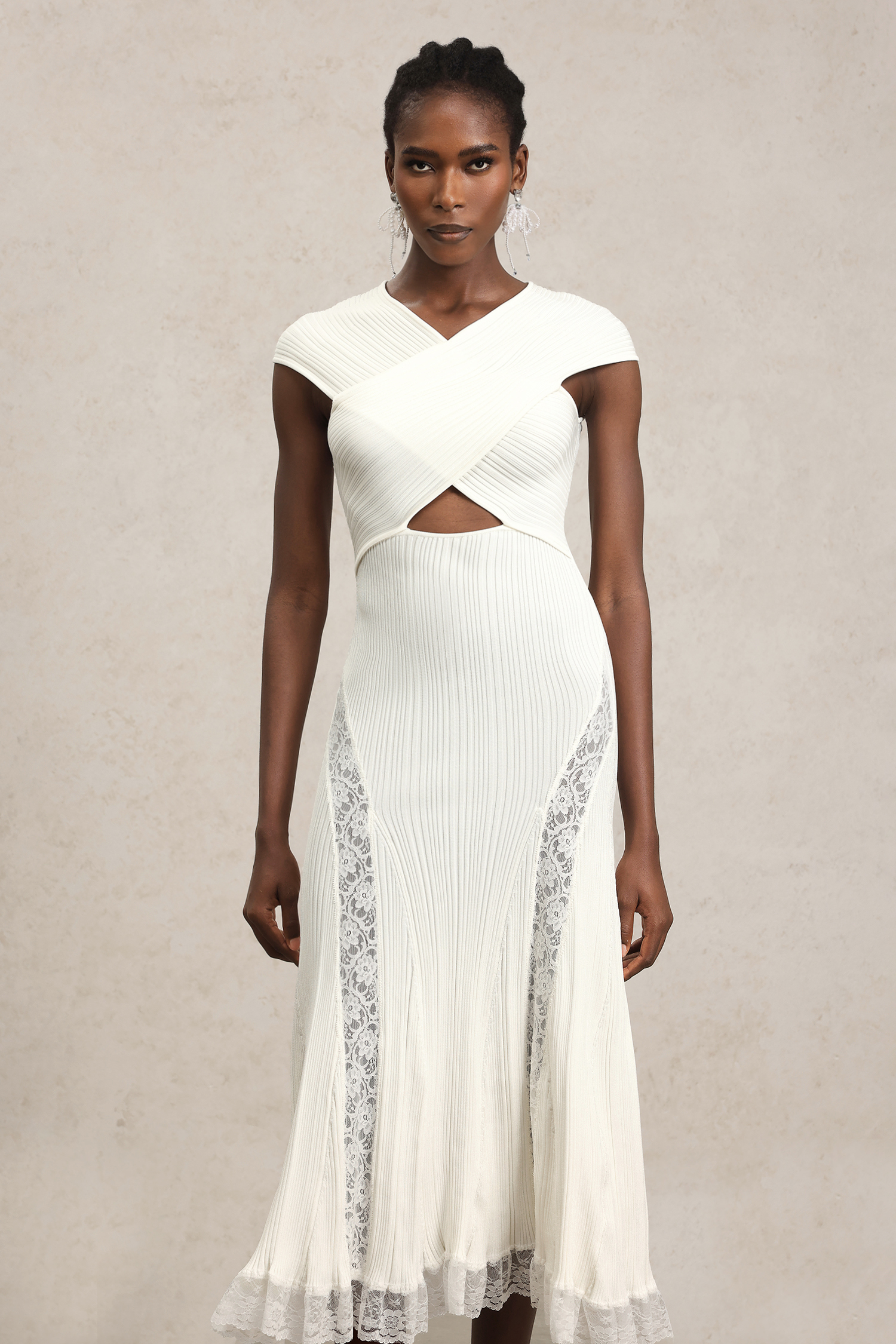 Rcia Sleeveless Lace Hollow Out Bandage Midi Dress