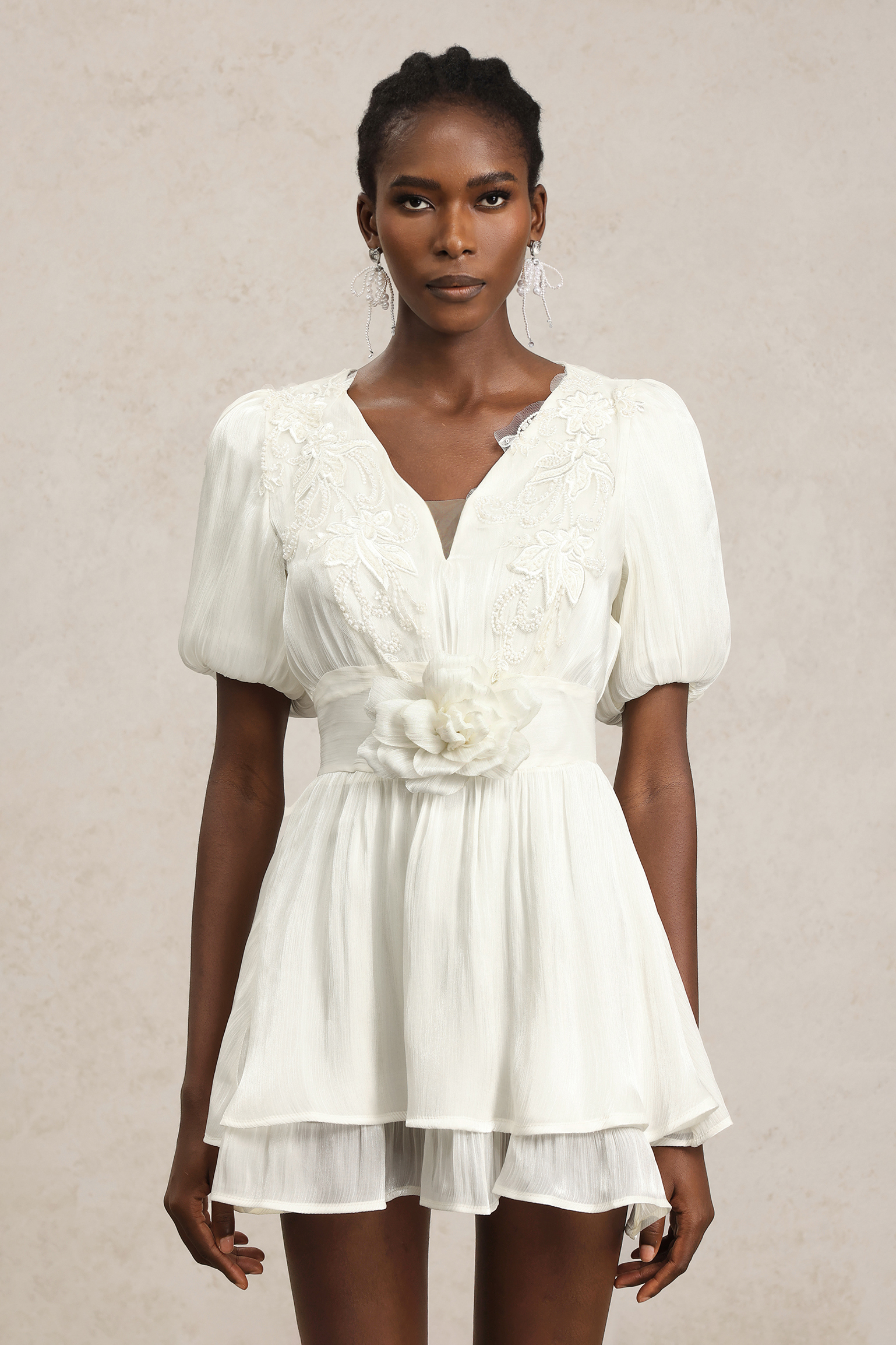 Taj V-Neck Puff Sleeves Flowers Embroidery Mini Dress