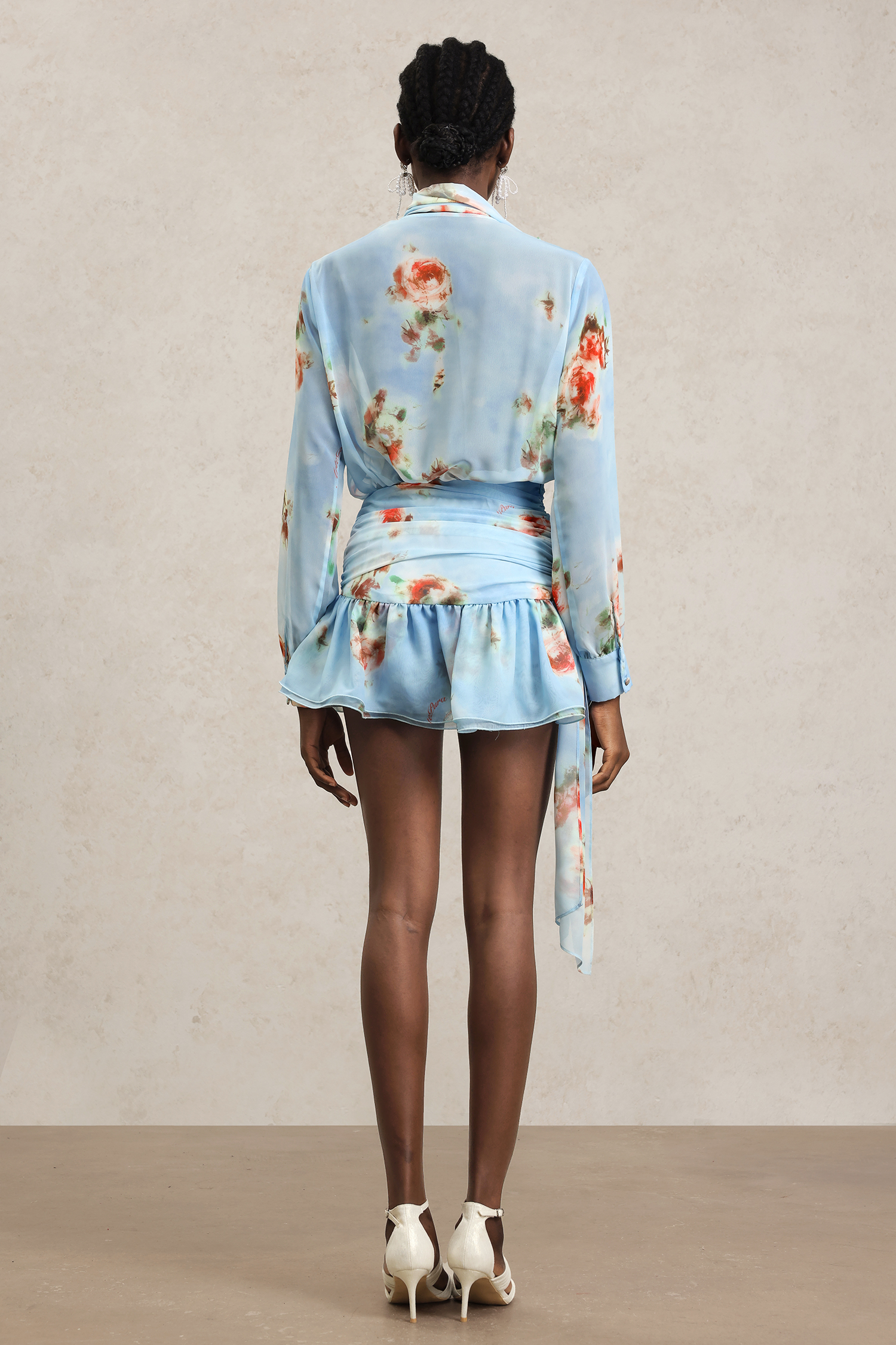 Xanty Long Sleeves V-Neck Floral Printed Streamer Mini Dress