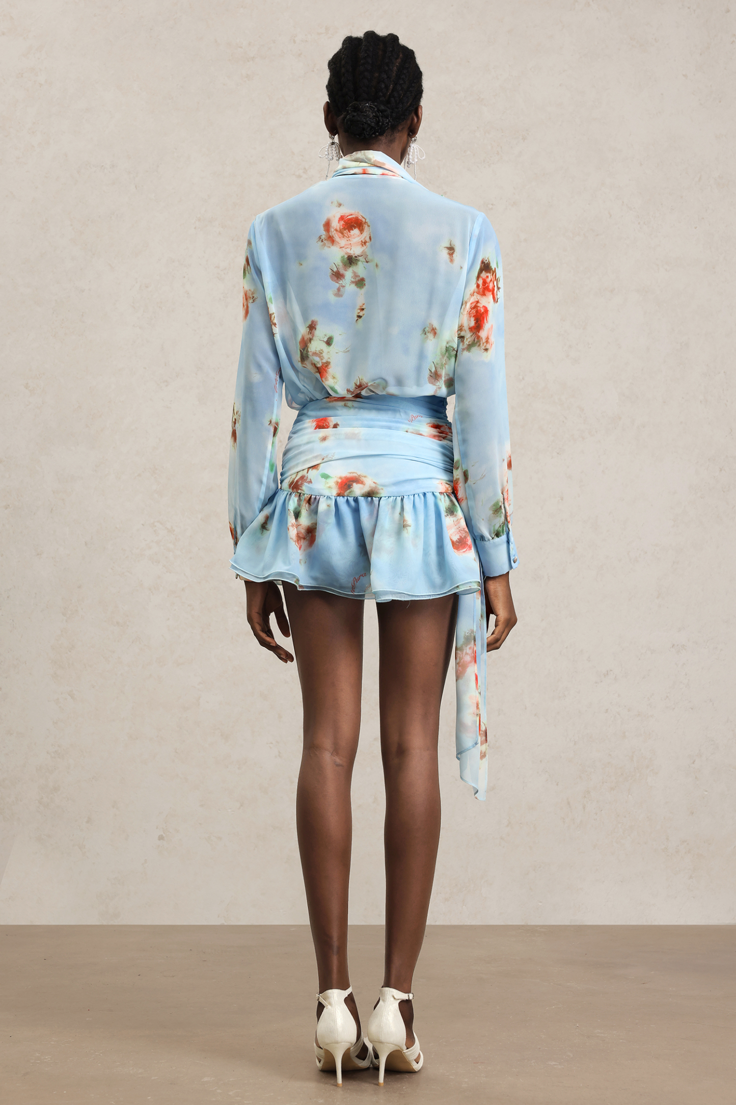 Xanty Long Sleeves V-Neck Floral Printed Streamer Mini Dress