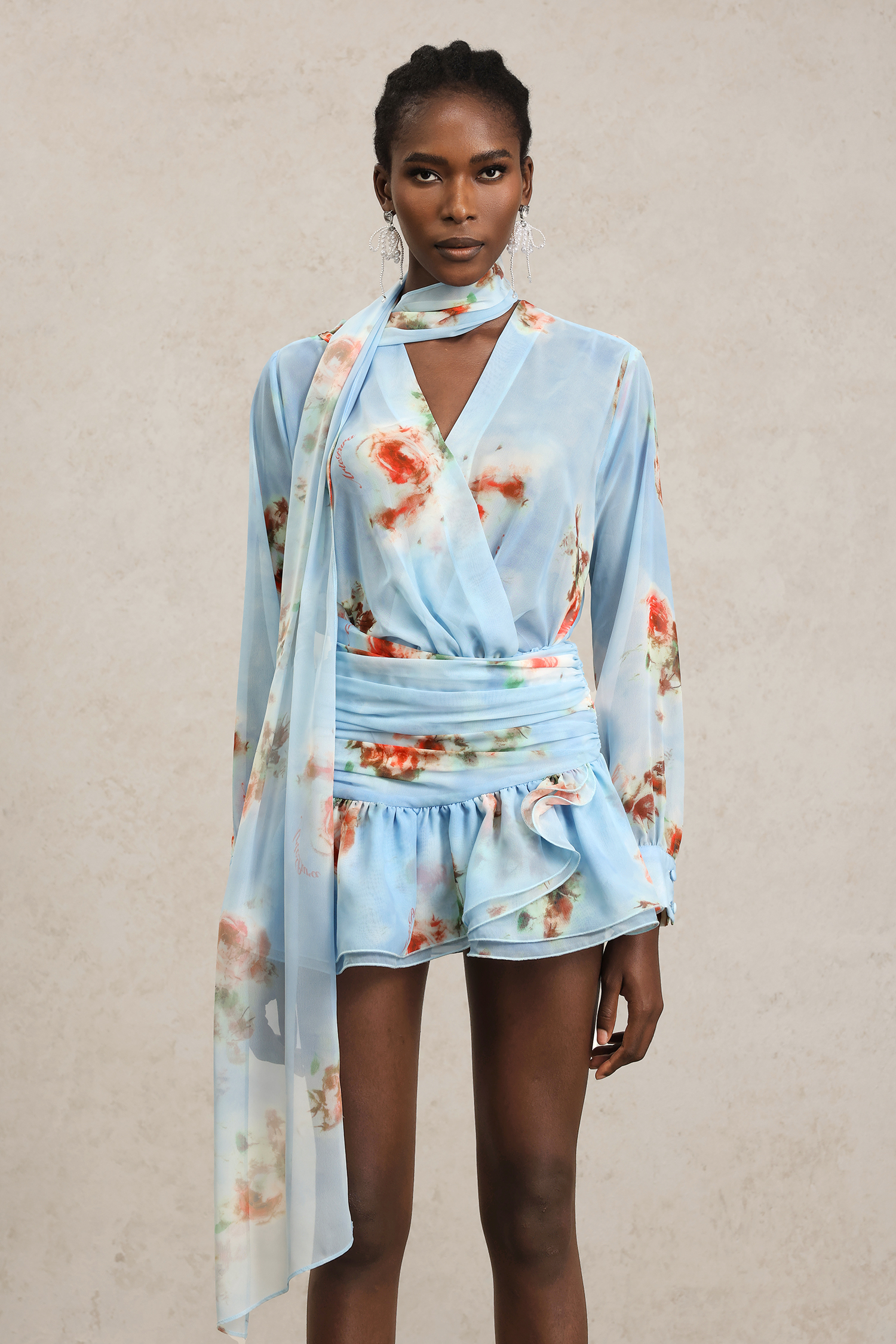 Xanty Long Sleeves V-Neck Floral Printed Streamer Mini Dress