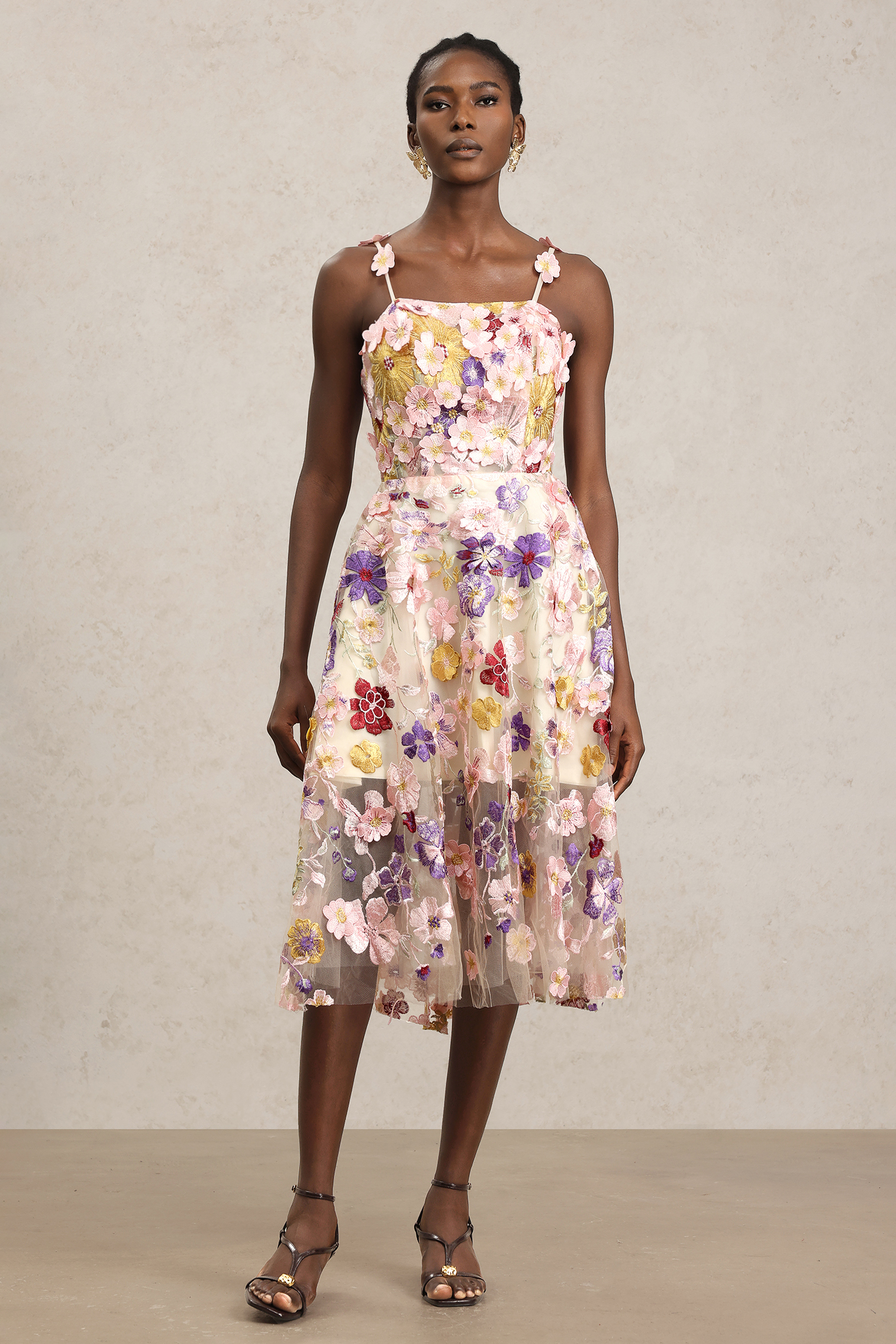 Faux Halter Flowers Midi Dress