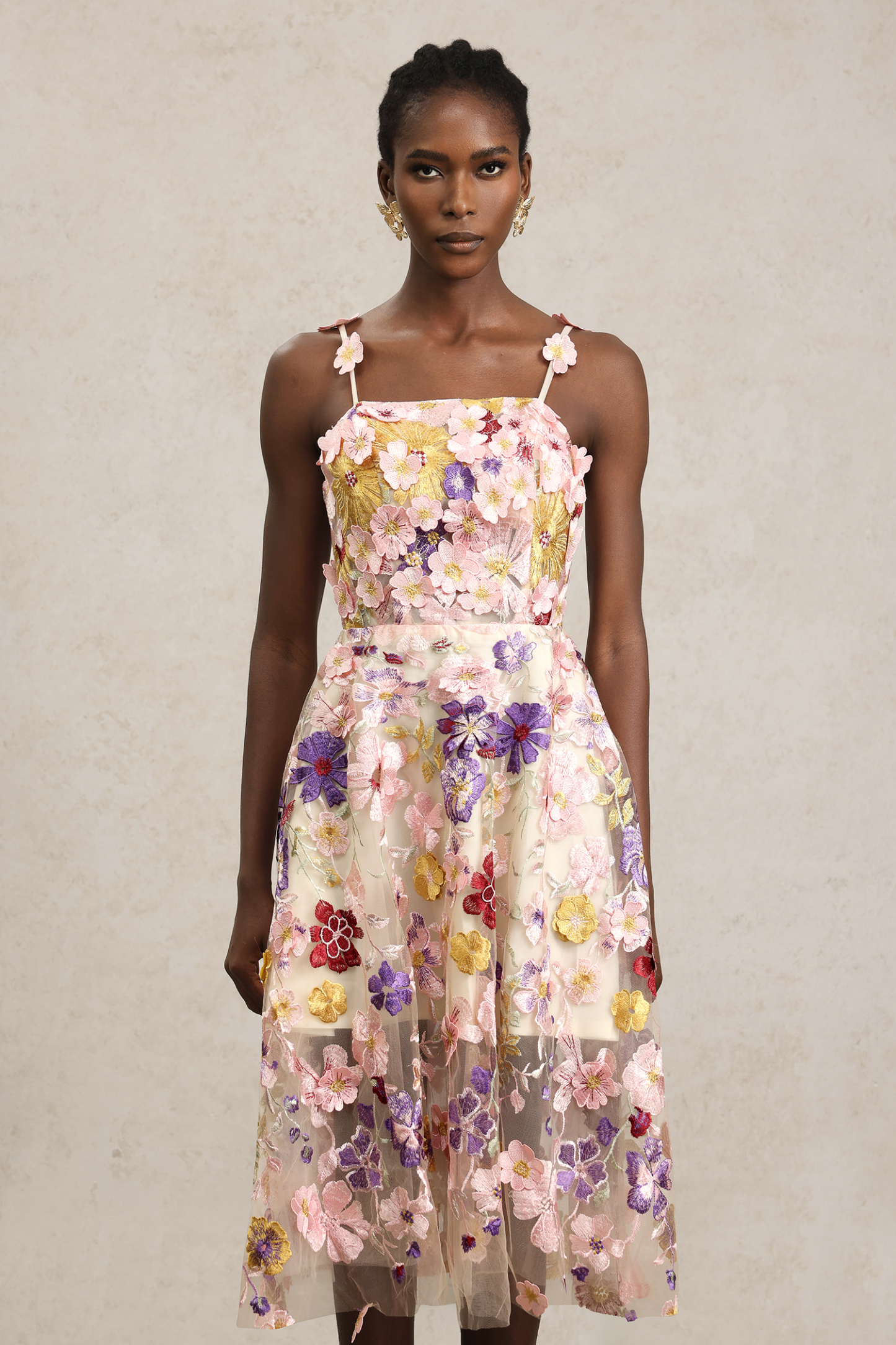 Faux Halter Flowers Midi Dress