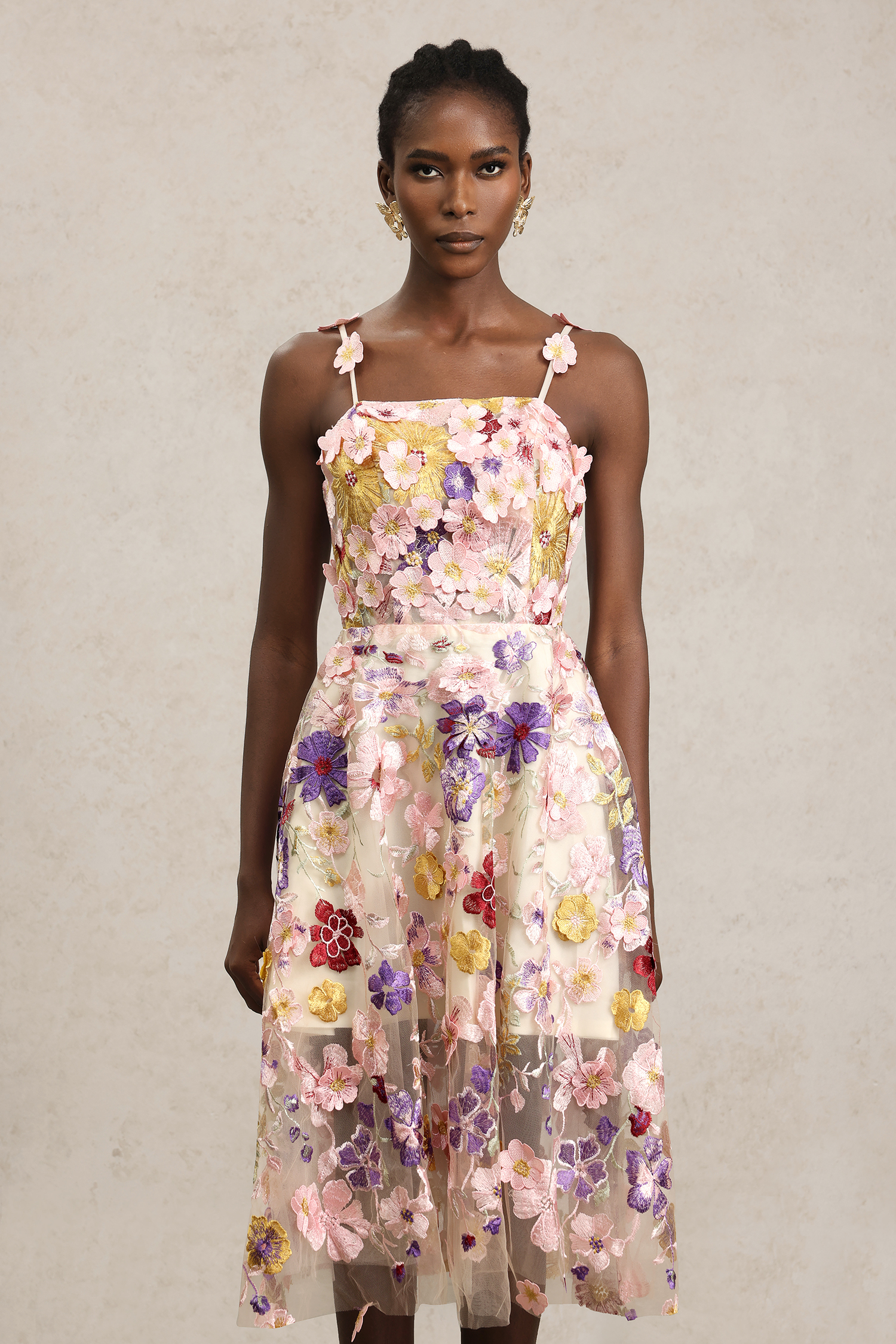 Faux Halter Flowers Midi Dress