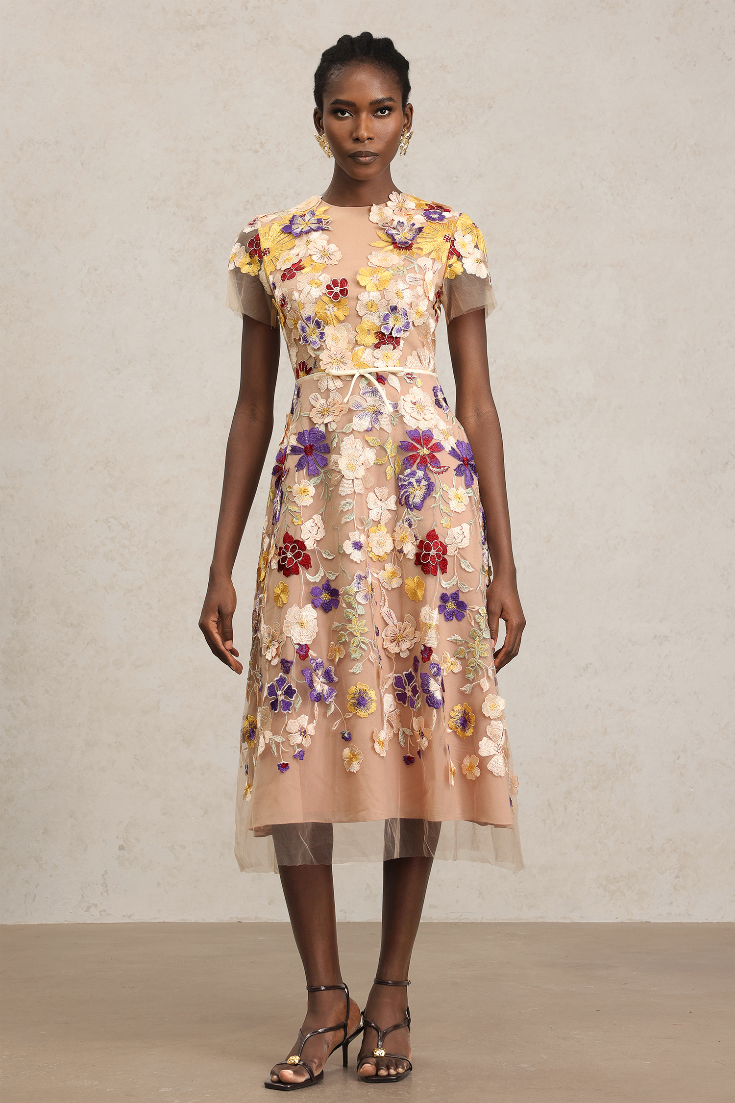 Natasha Short Sleeve Flowers Midi Dress