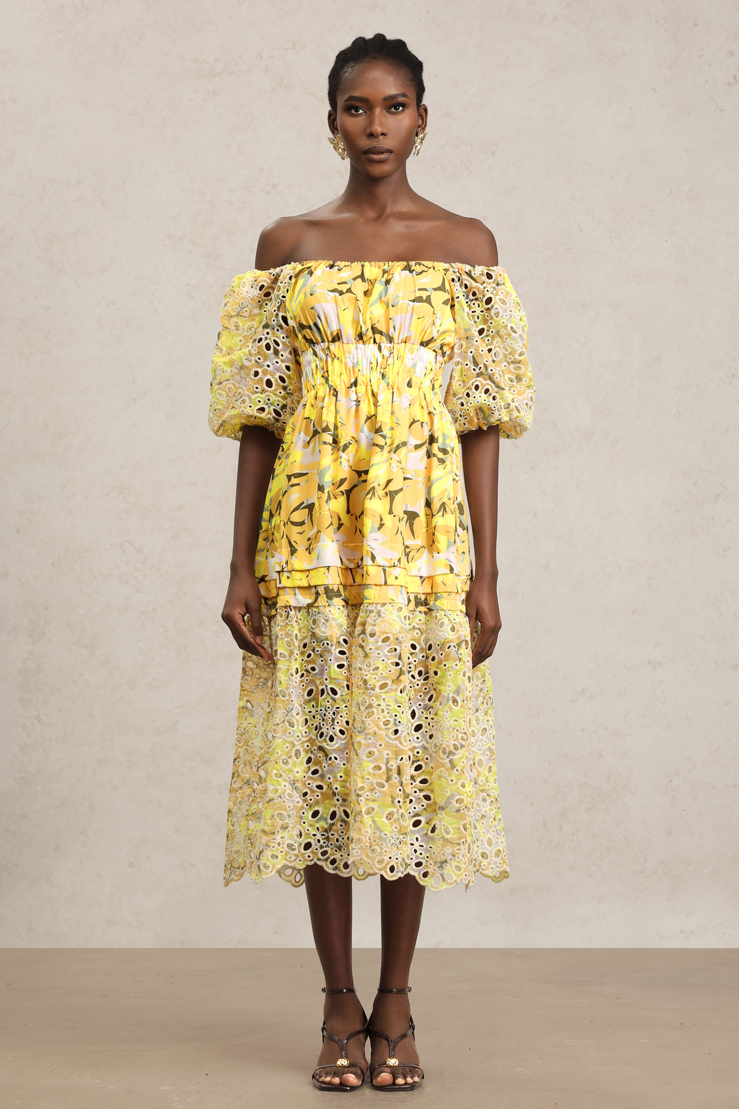 Sissel Puff Sleeves Floral Printed Lace Hollow Out Maxi Dress