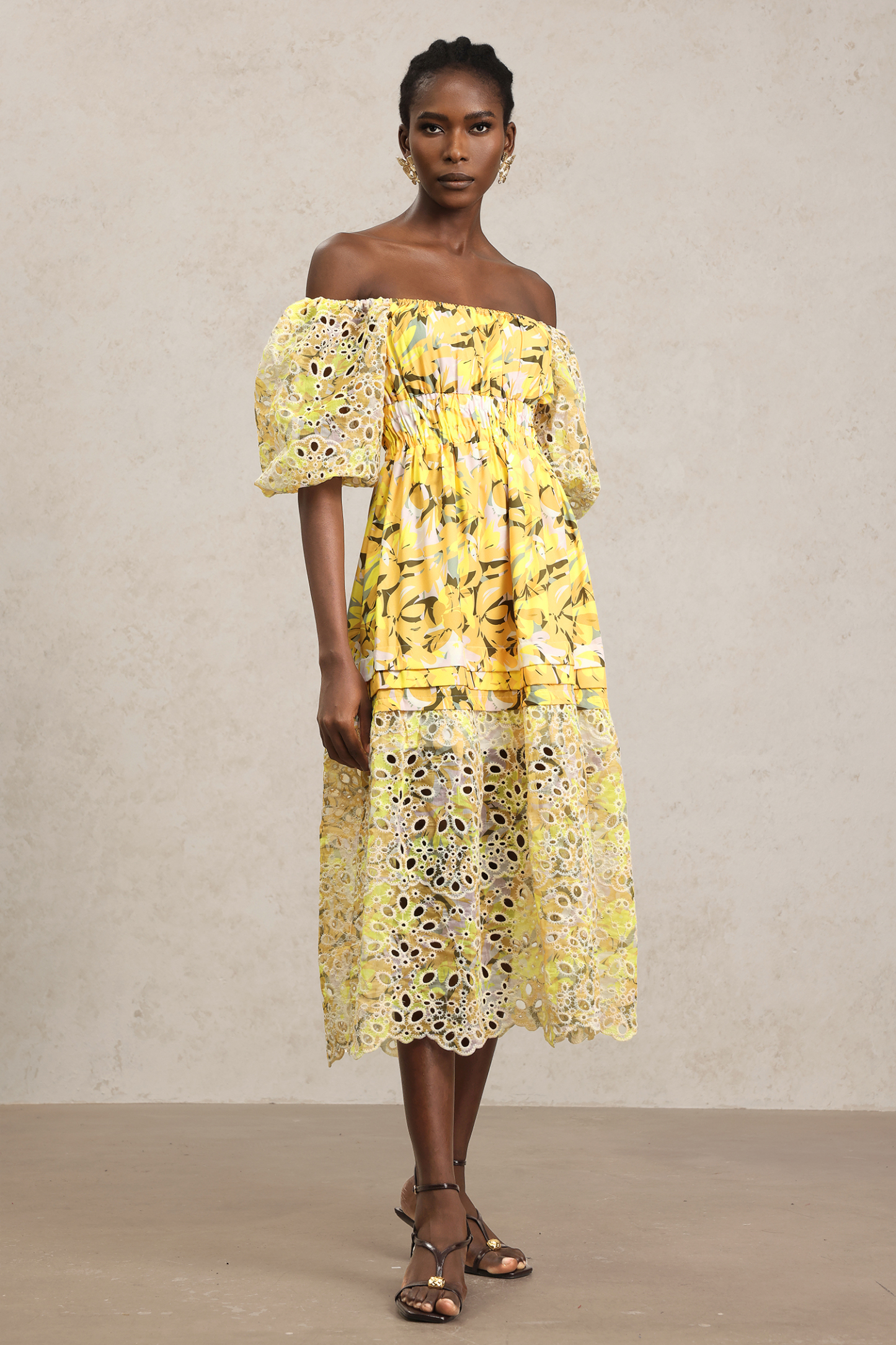 Sissel Puff Sleeves Floral Printed Lace Hollow Out Maxi Dress