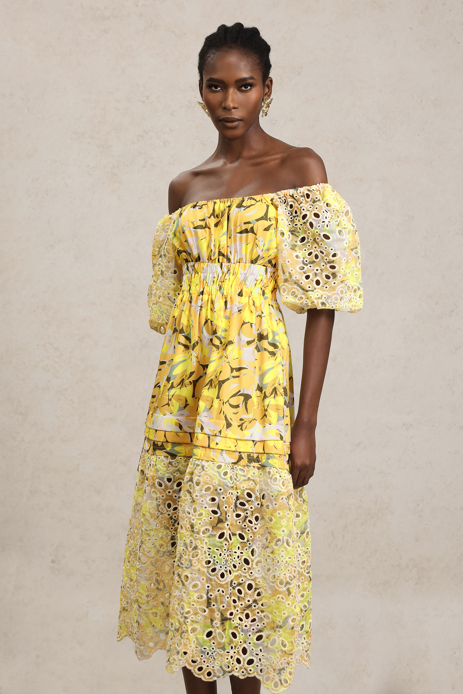 Sissel Puff Sleeves Floral Printed Lace Hollow Out Maxi Dress