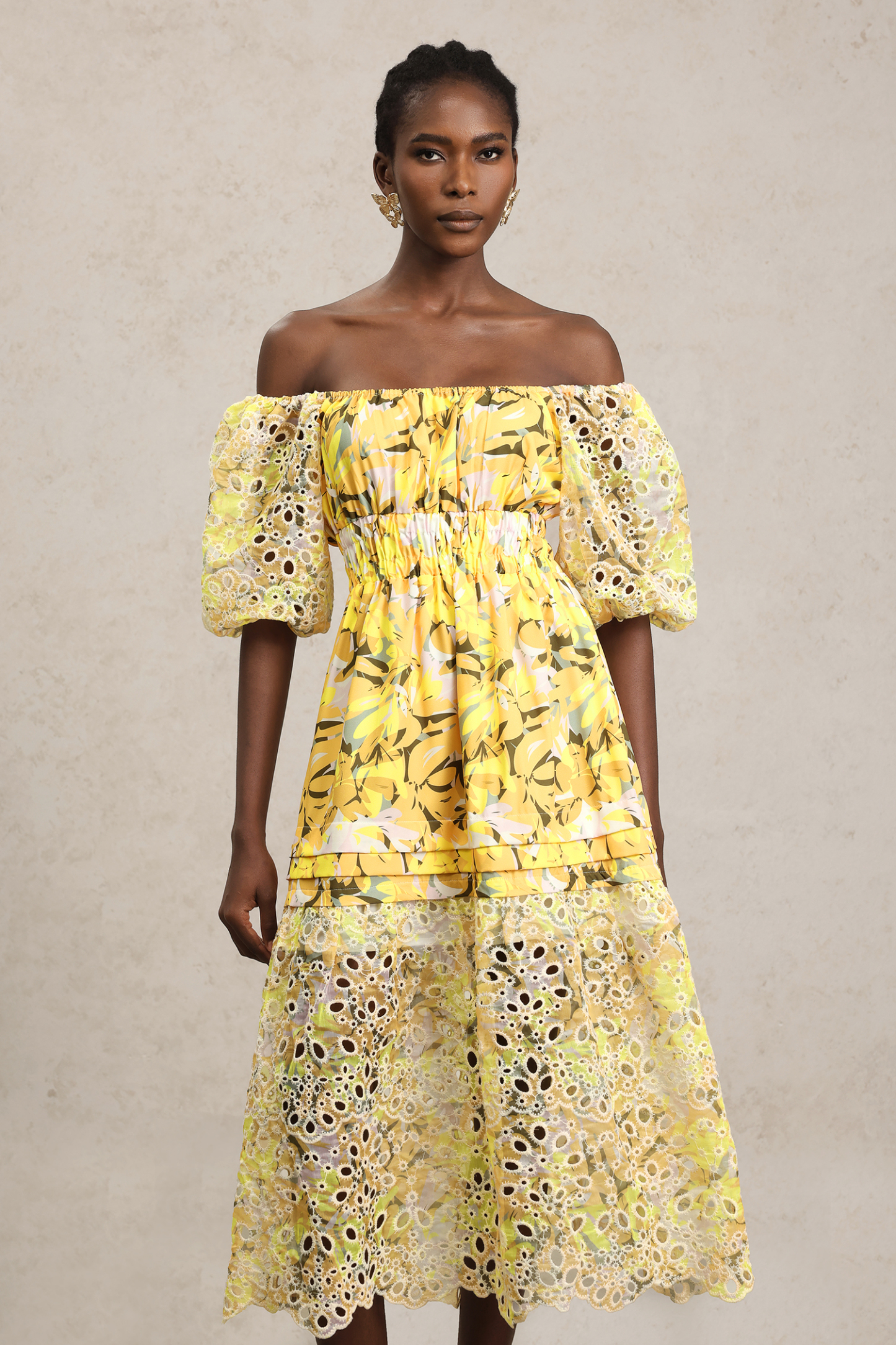 Sissel Puff Sleeves Floral Printed Lace Hollow Out Maxi Dress