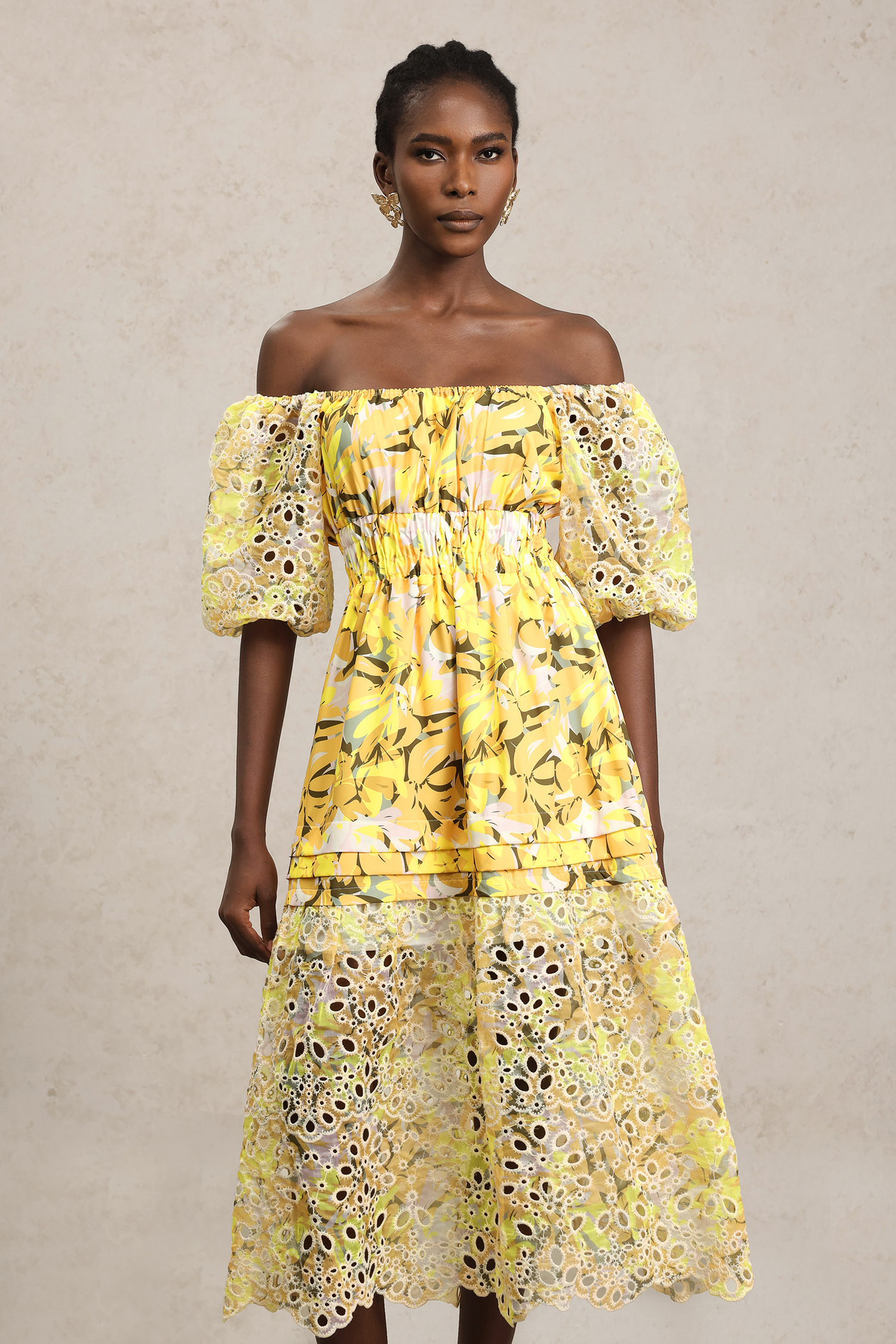 Sissel Puff Sleeves Floral Printed Lace Hollow Out Maxi Dress