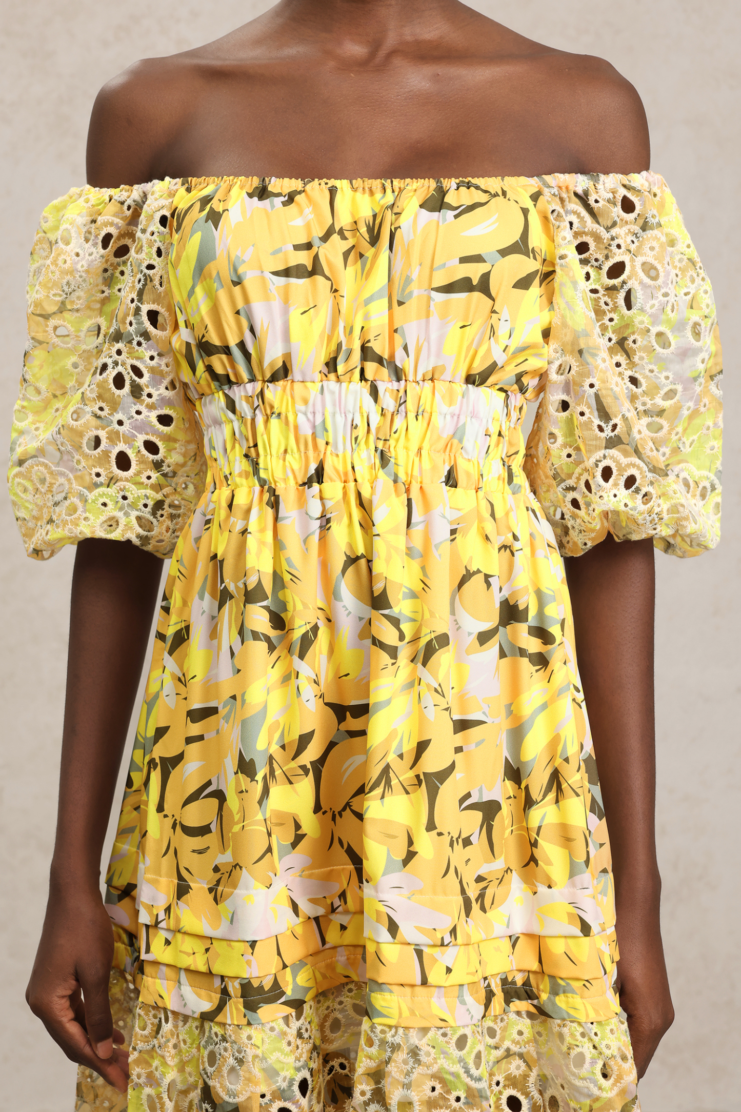 Sissel Puff Sleeves Floral Printed Lace Hollow Out Maxi Dress