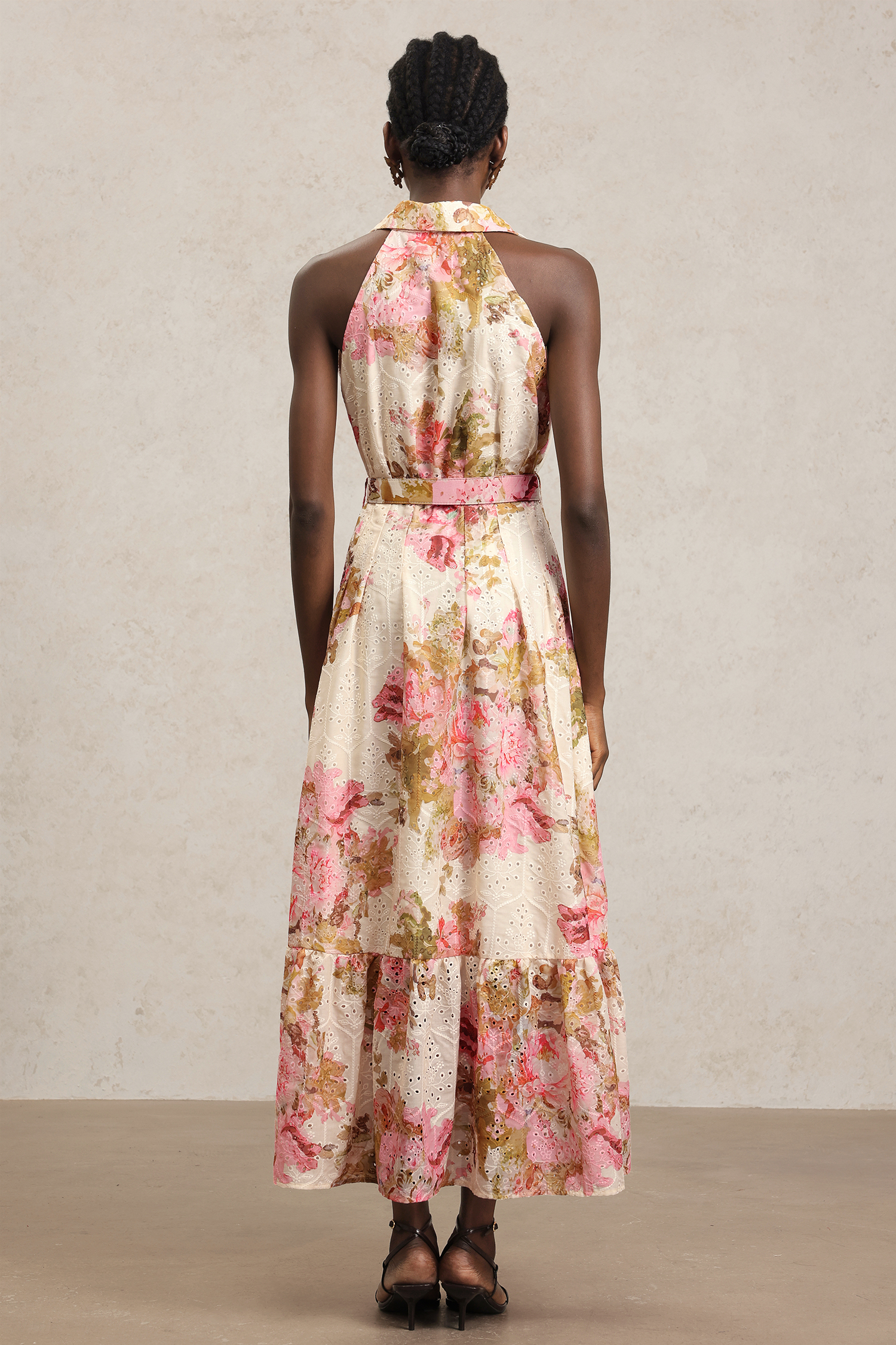 Tiana Lapel Sleeveless Floral Printed Lace Maxi Dress
