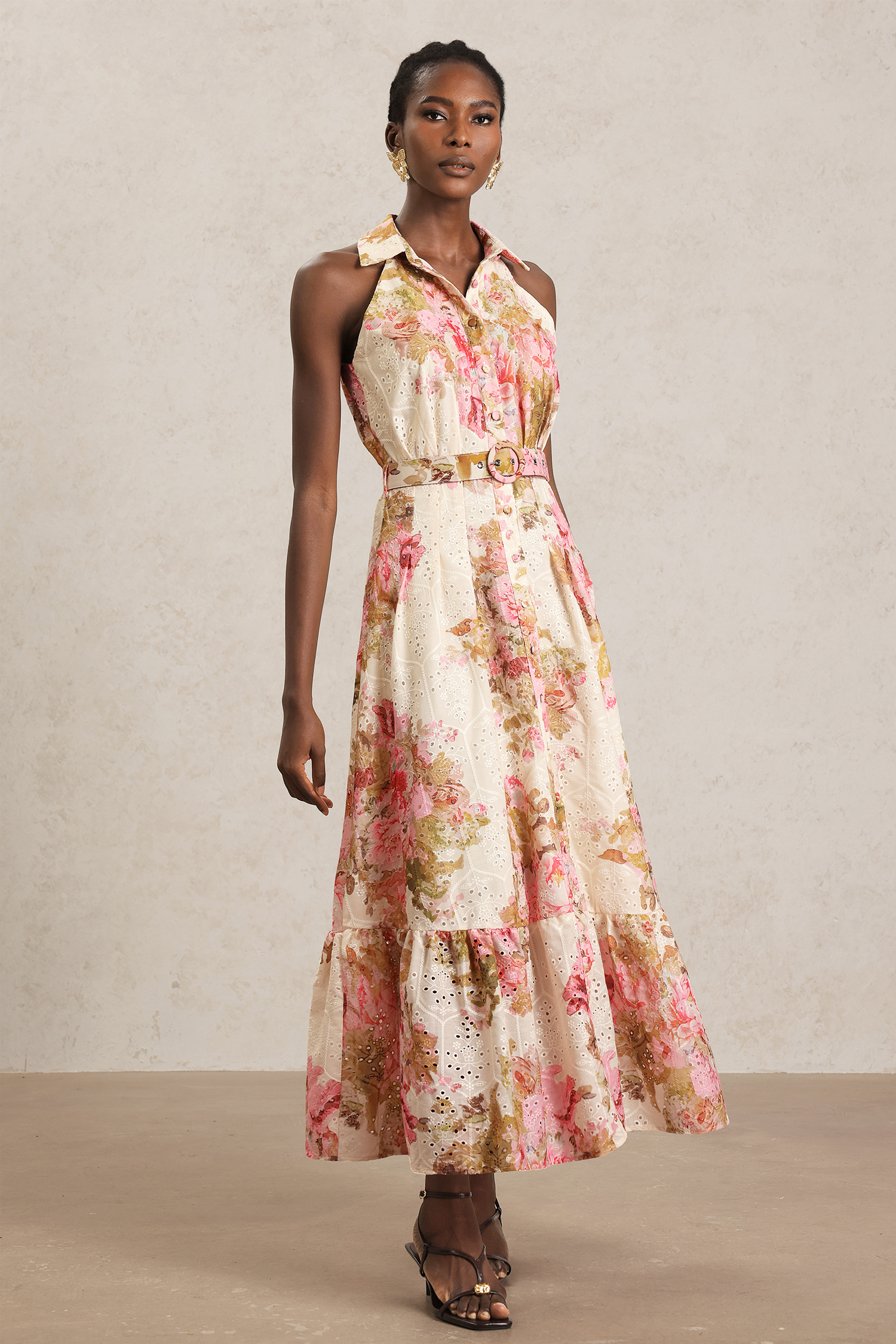 Tiana Lapel Sleeveless Floral Printed Lace Maxi Dress