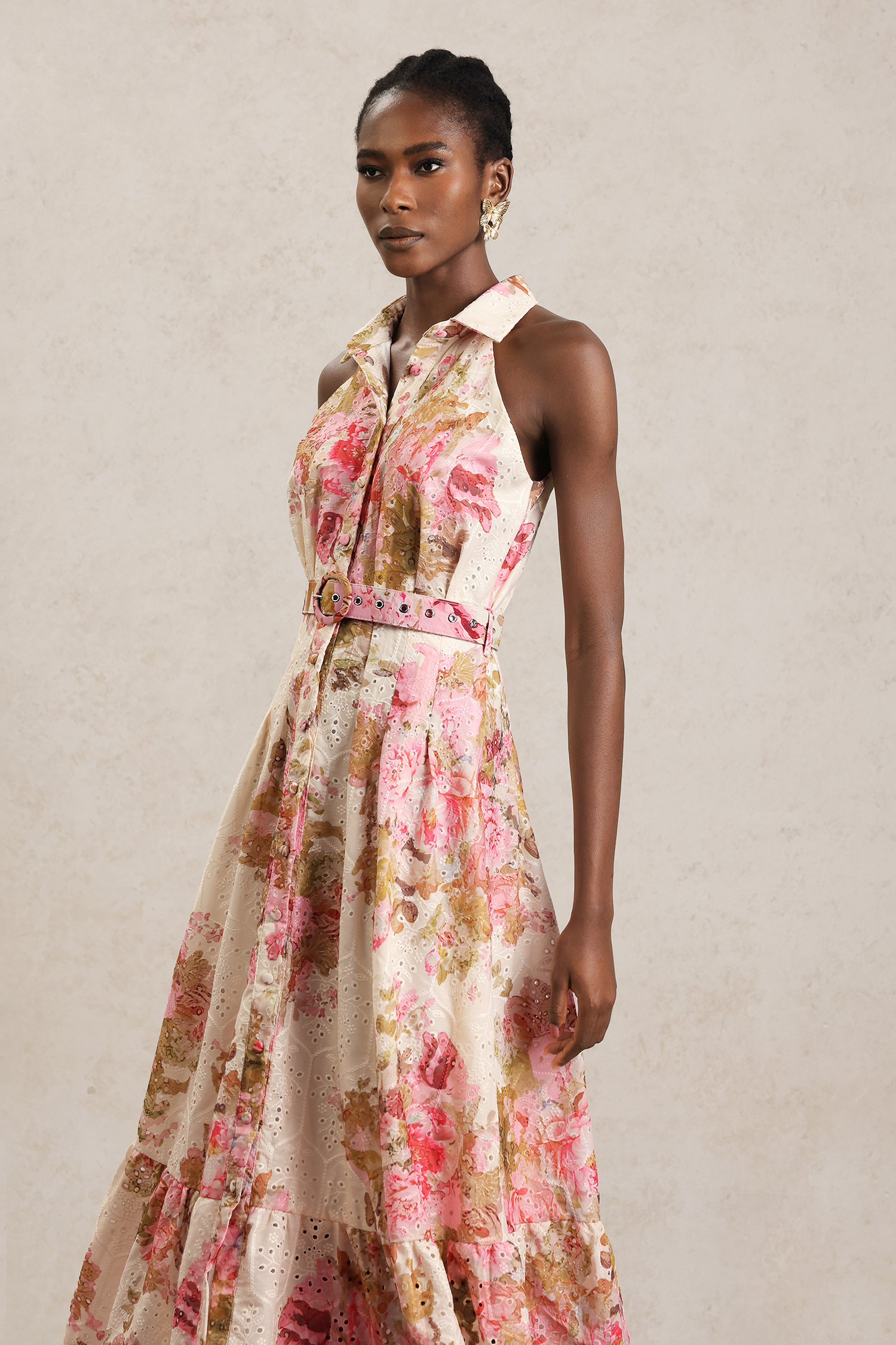 Tiana Lapel Sleeveless Floral Printed Lace Maxi Dress