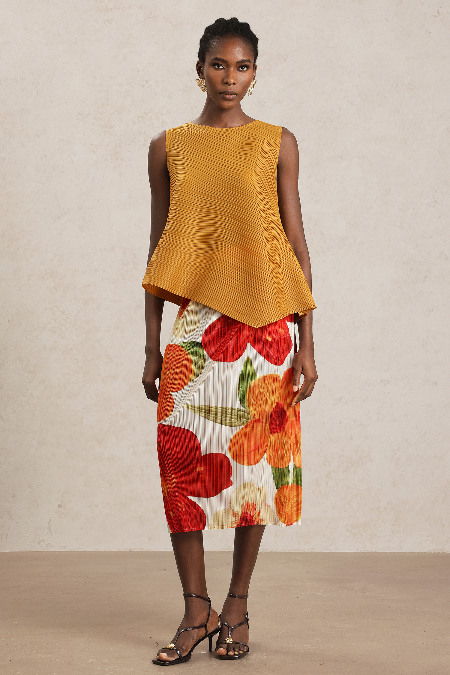 Monroe Folds Floral Printed Top And Midi Skirt Two-Piece Set