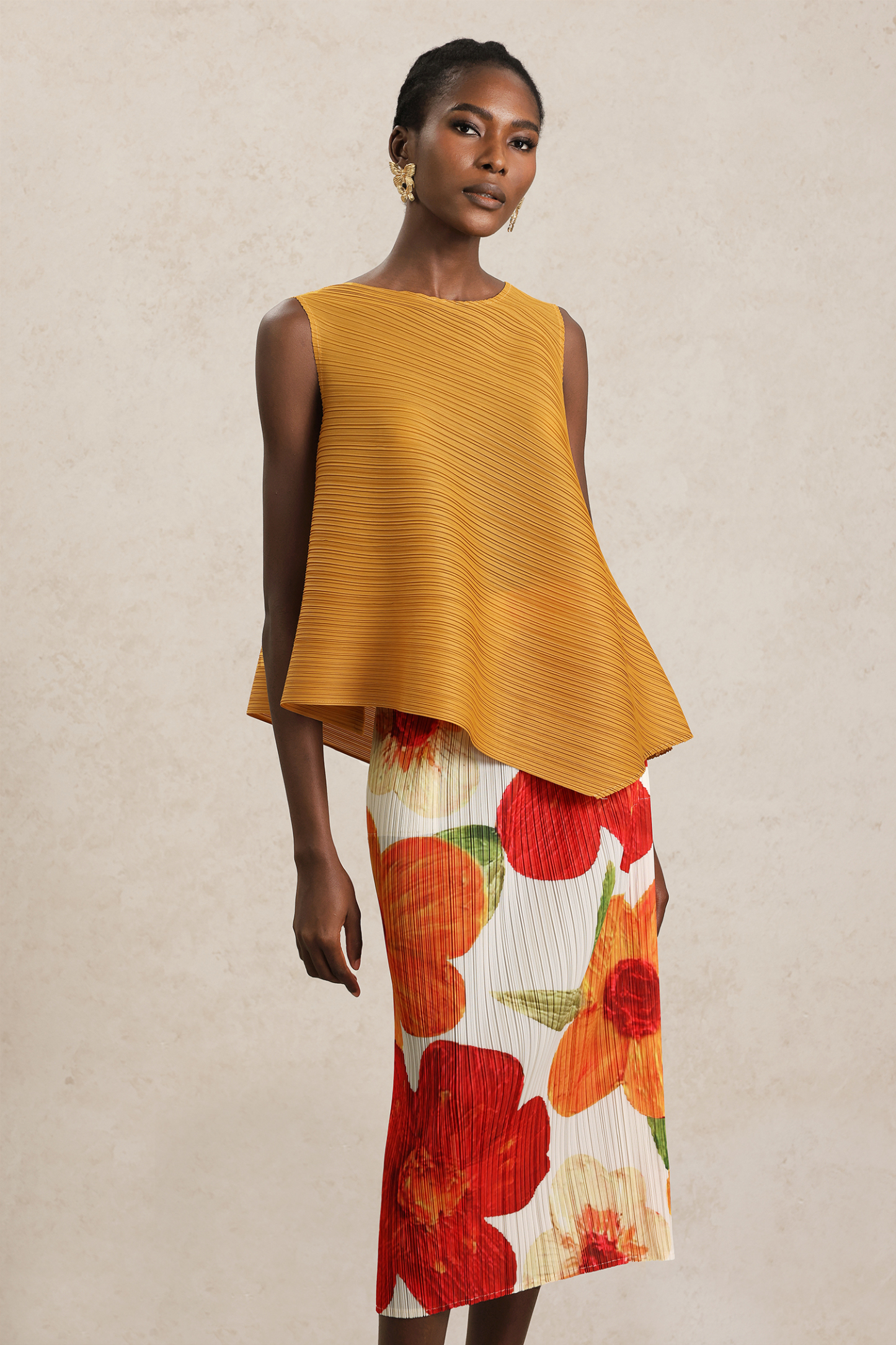 Monroe Folds Floral Printed Top And Midi Skirt Two-Piece Set