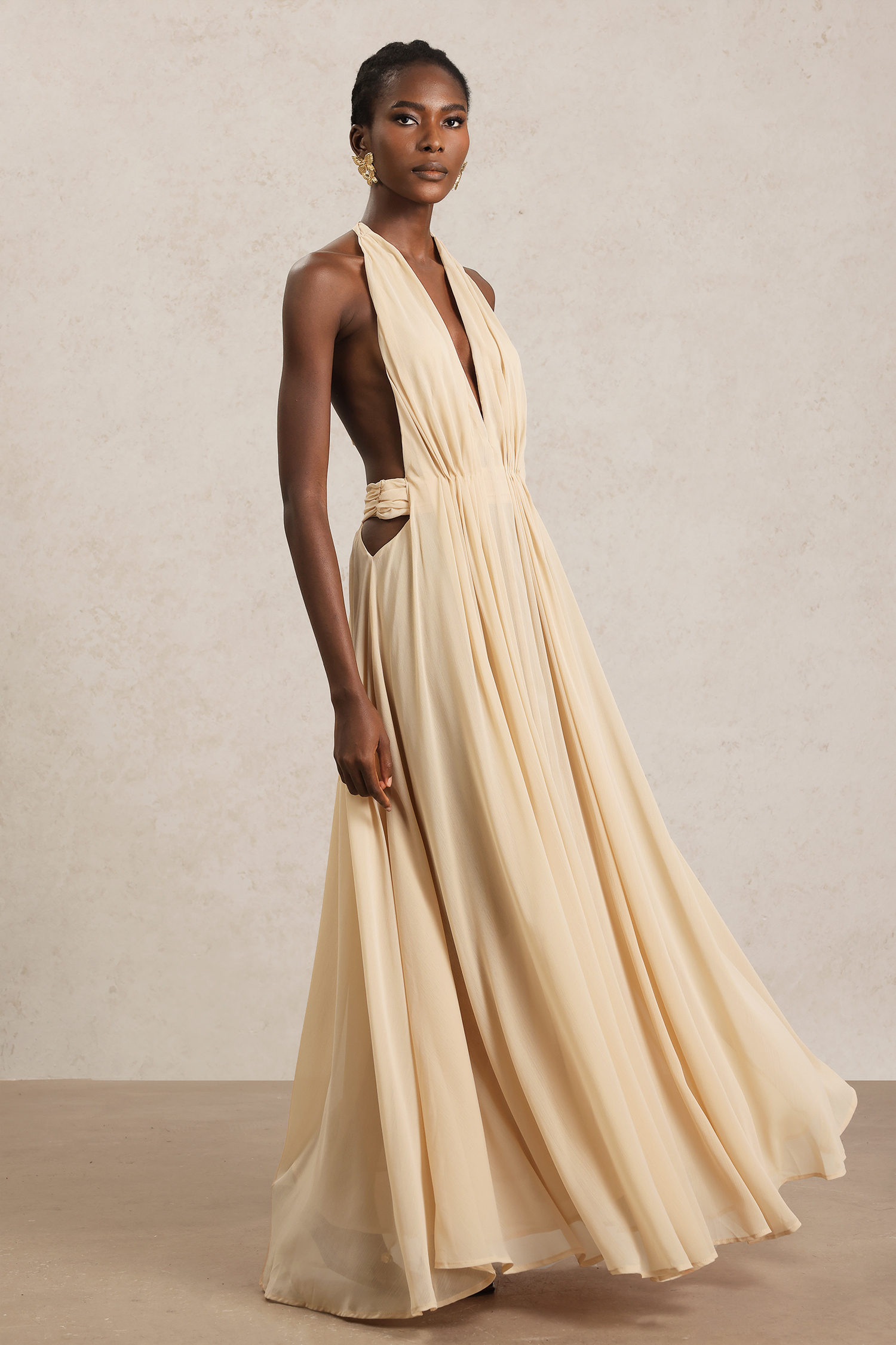 Ridia V-Neck Sleeveless Folds Hollow Out Maxi Dress