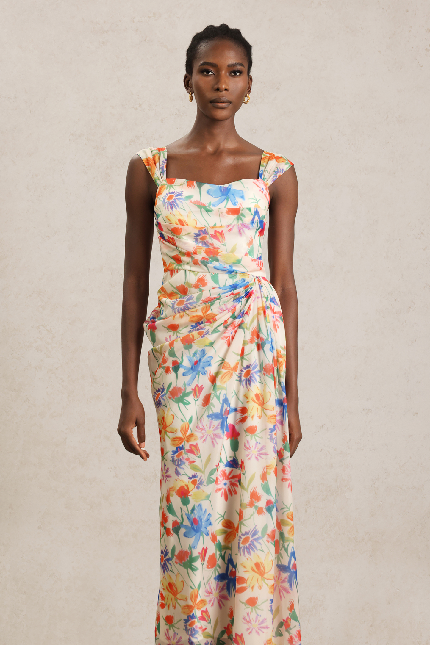 Soloma Halter Folds Floral Printed Maxi Dress