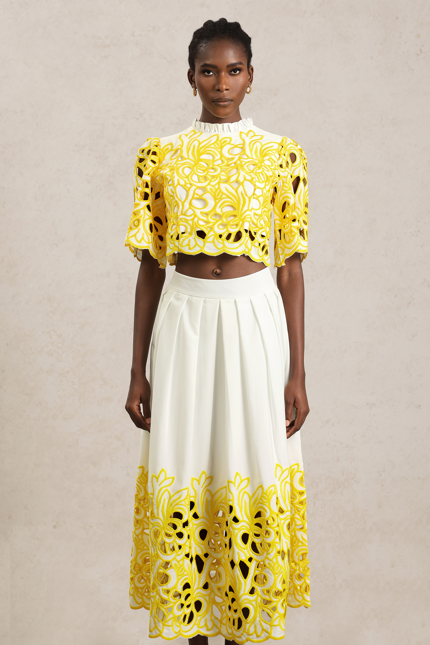 Uzaco Round Neck Elbow Sleeve Hollow Out Top And Skirt Two-Piece Set