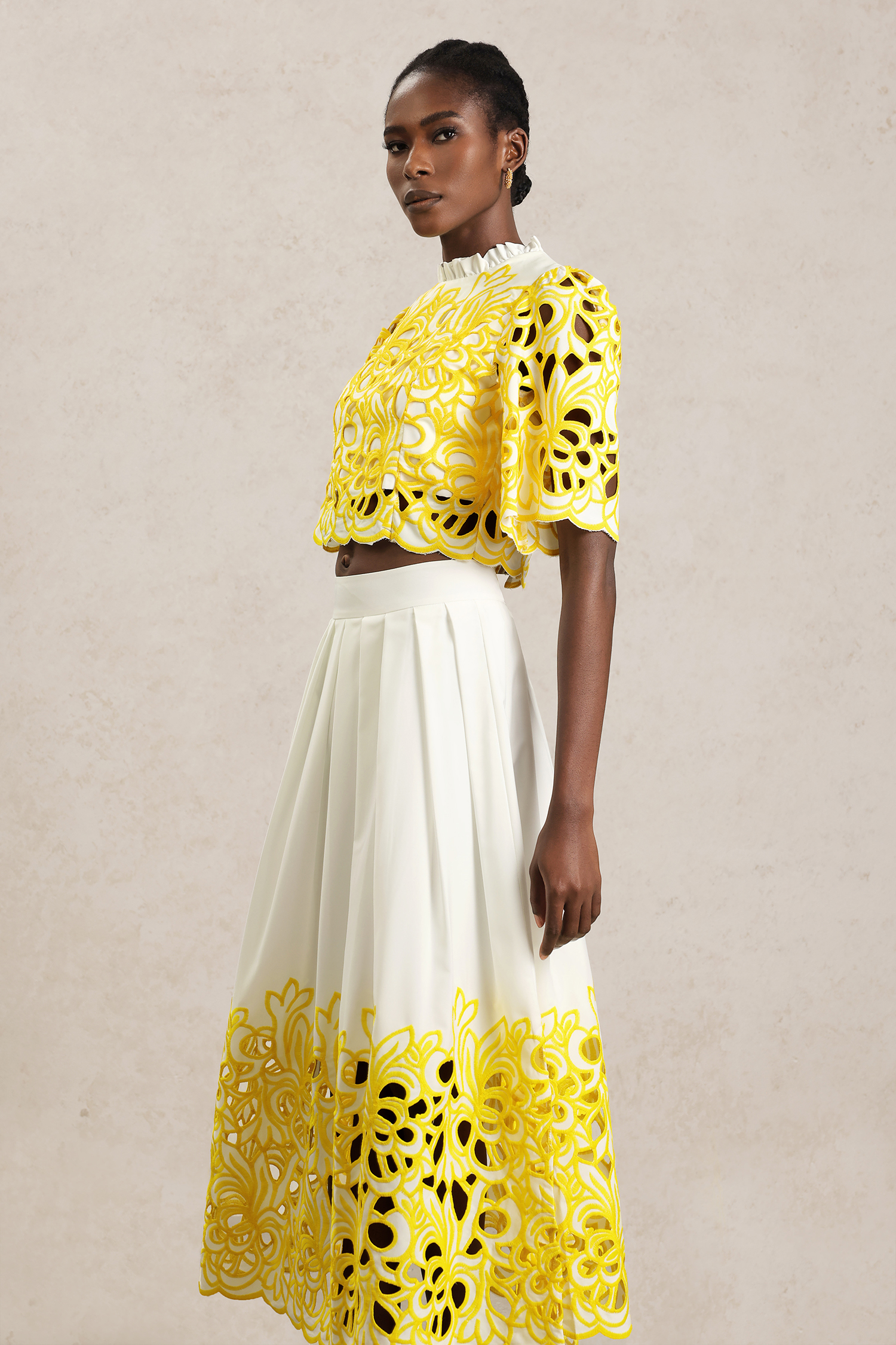 Uzaco Round Neck Elbow Sleeve Hollow Out Top And Skirt Two-Piece Set