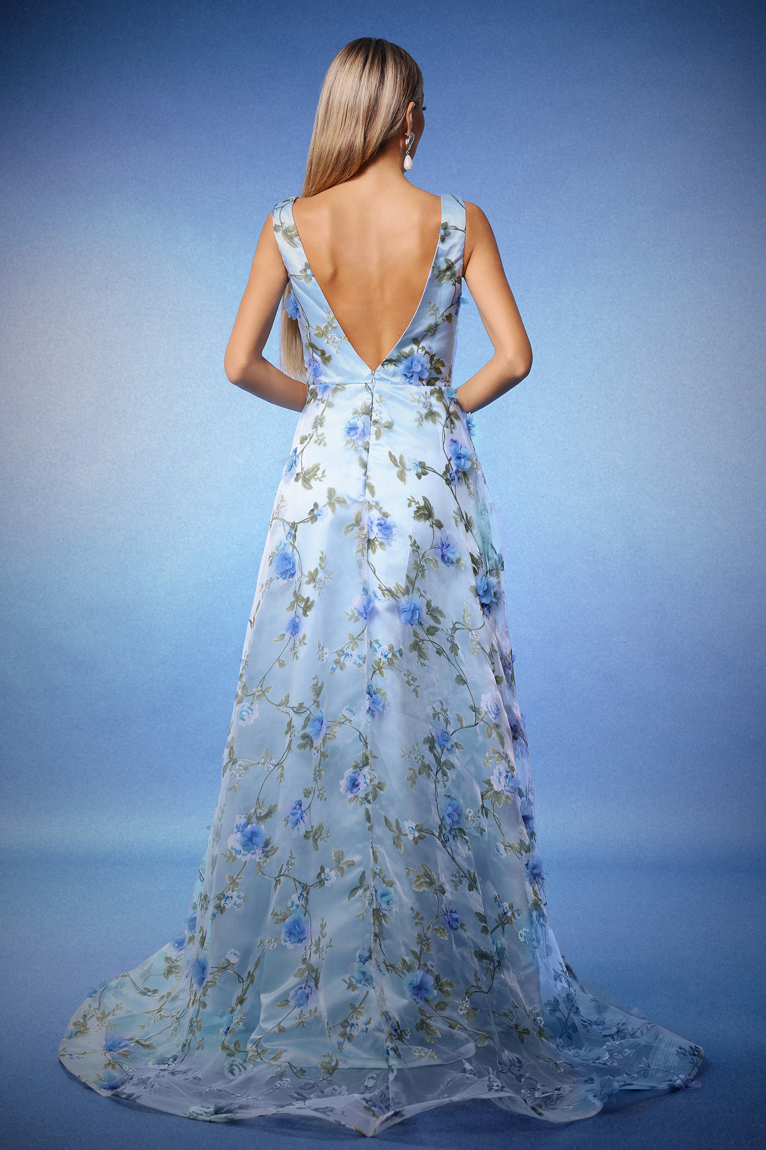 Zurri Sleeveless V-Neck Flowers Slit Maxi Dress