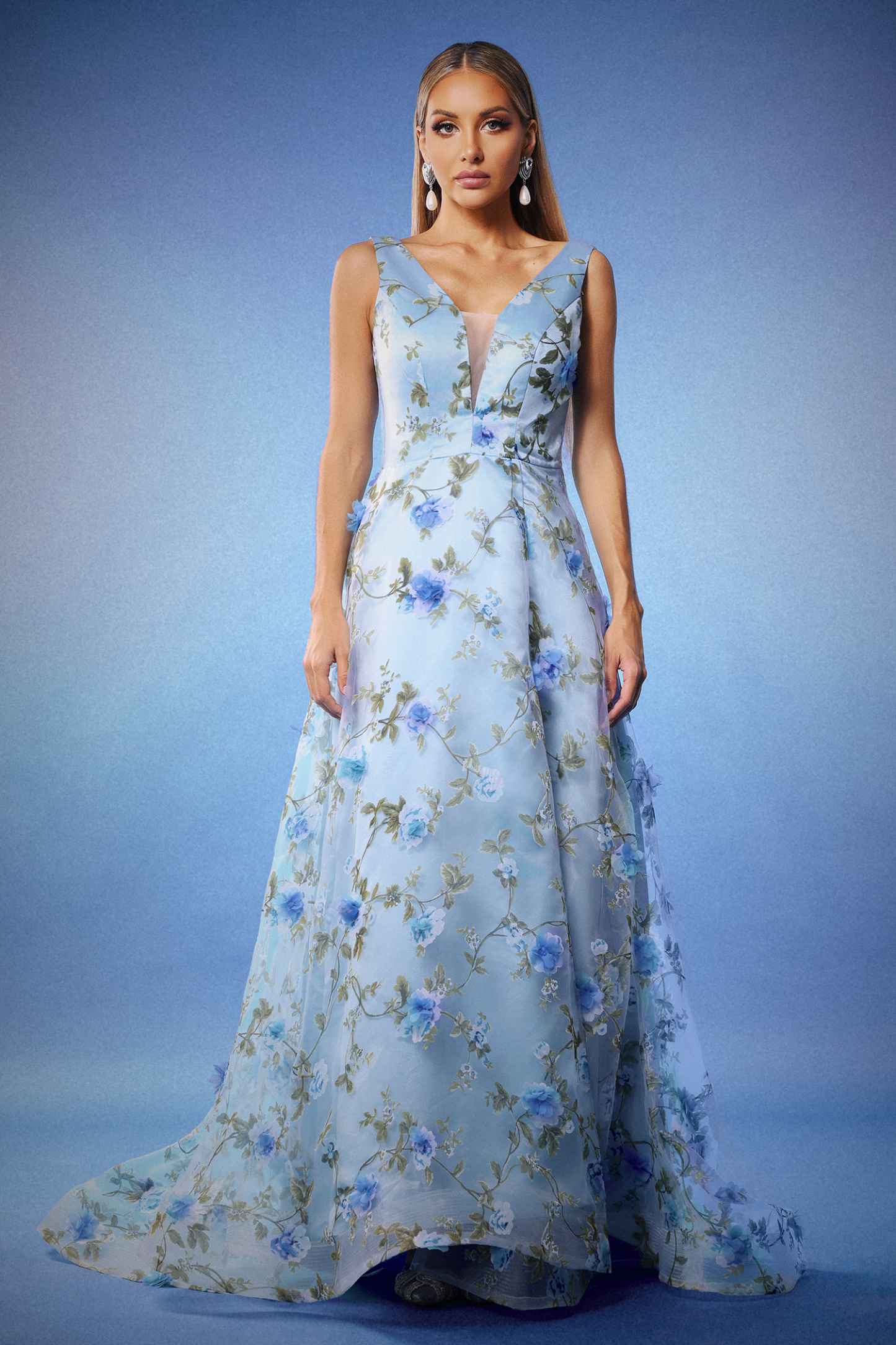 Zurri Sleeveless V-Neck Flowers Slit Maxi Dress