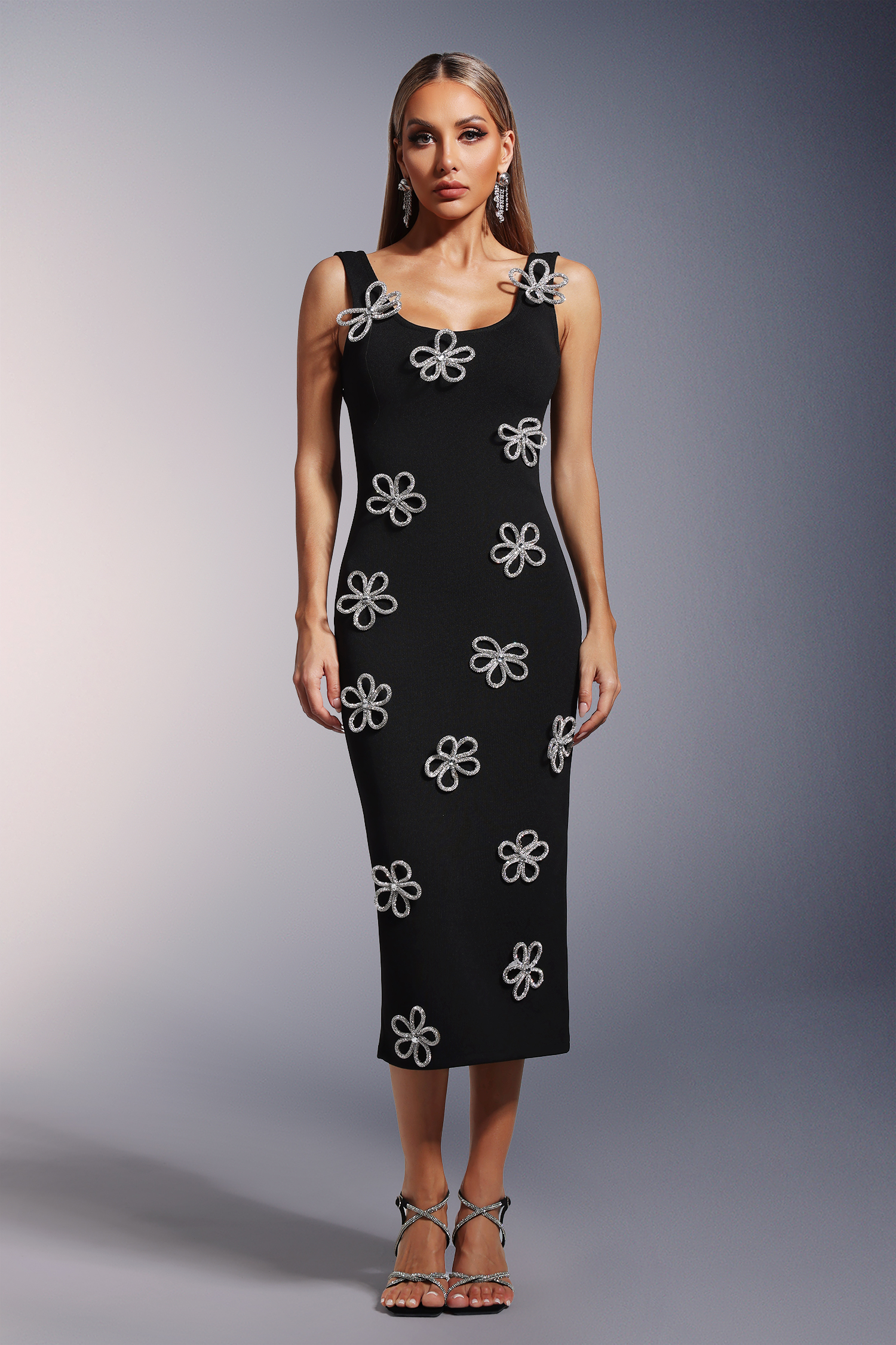 Viane Sleeveless  Diamond Flowers Bandage Midi Dress