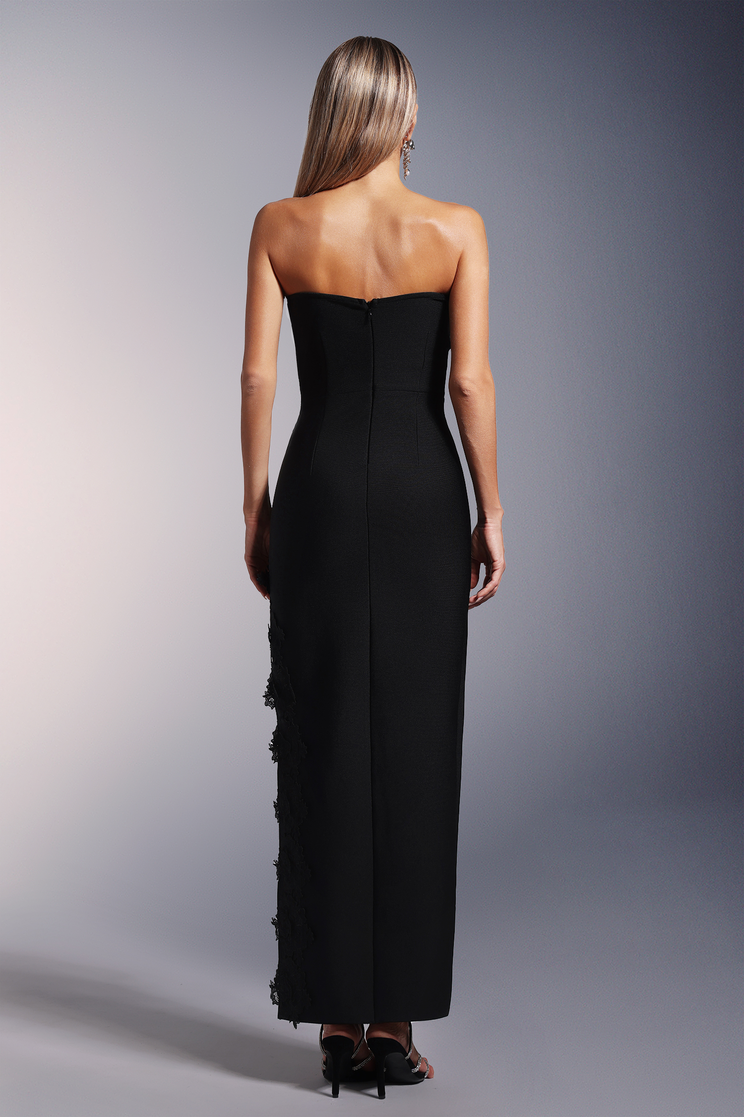 Saturn lace Deep-V Strapless High Slit Bandage Maxi Dress