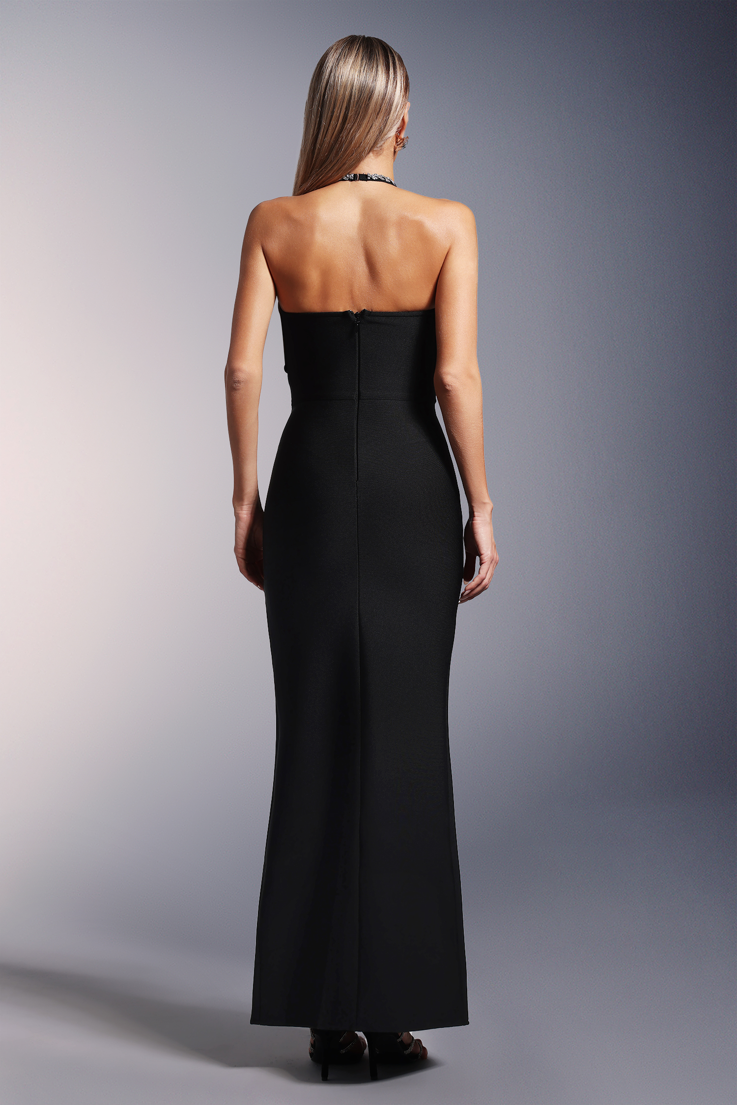 Hattie Halter High Slit Diamond Bandage Maxi Dress