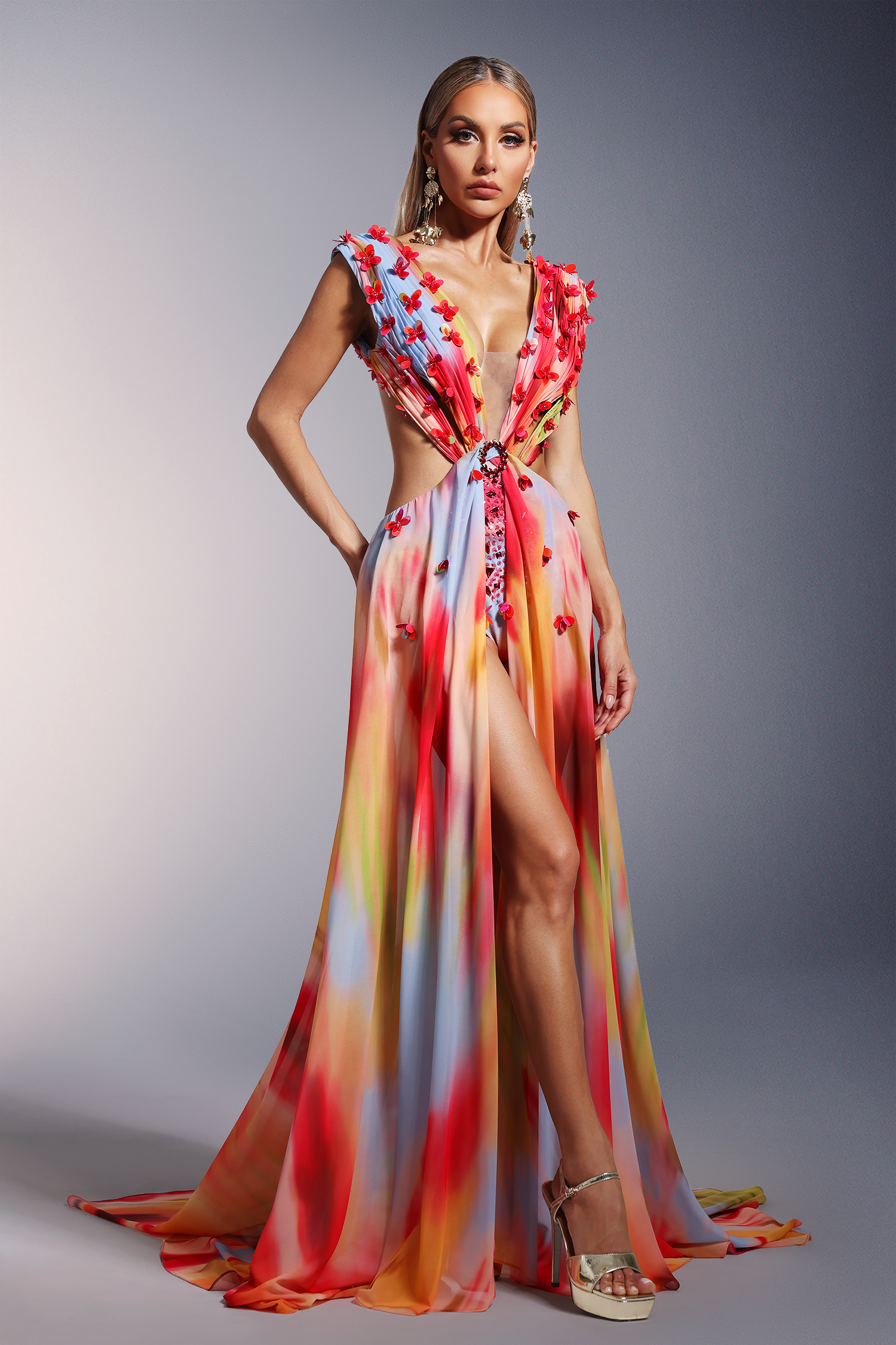 カラフル Dierea High Slit Sequins Deep-V Backless Maxi Dress