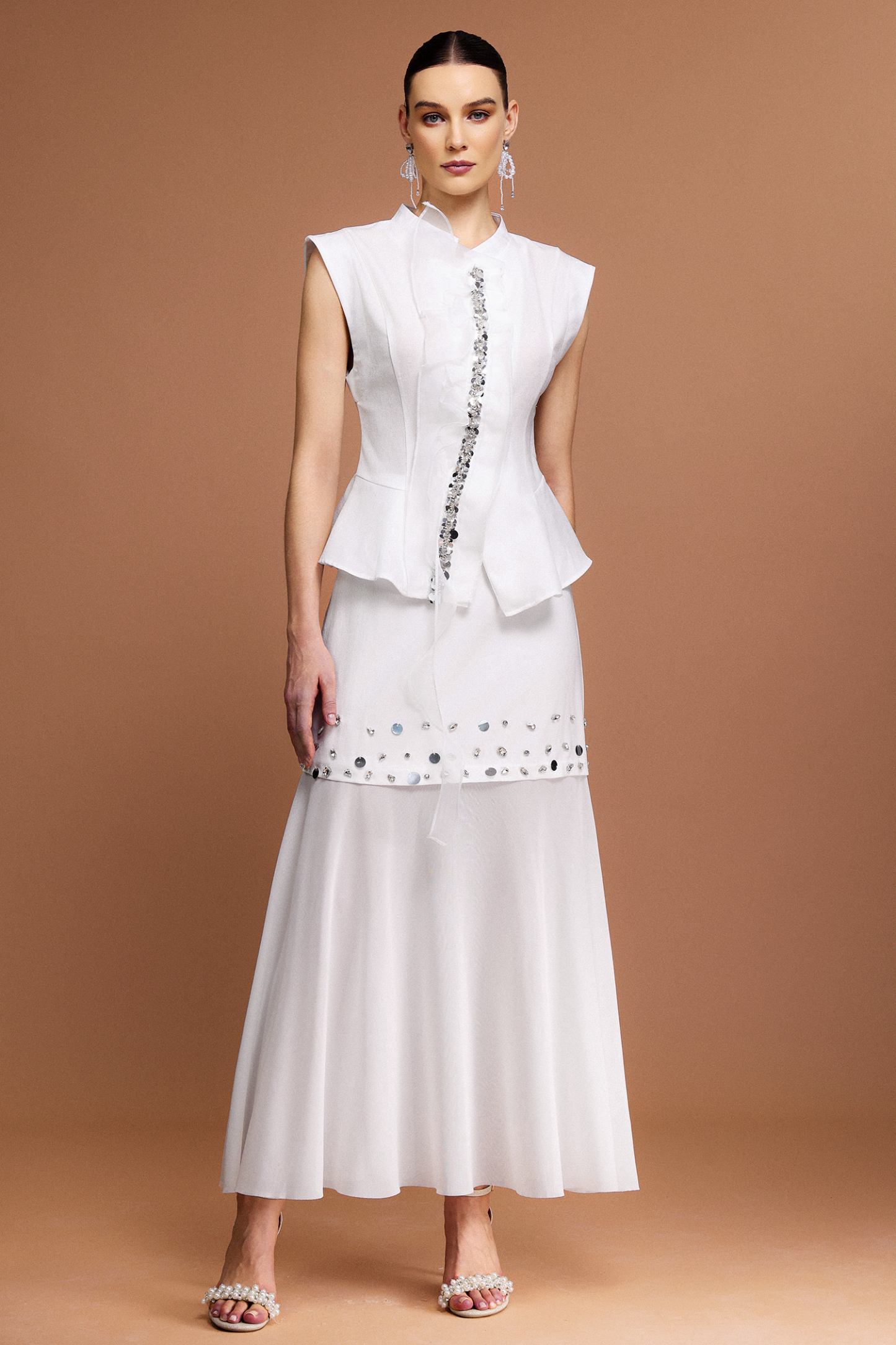 Mamie Short Sleeves Sequin Streamer Top And Skirt Two-Piece Set
