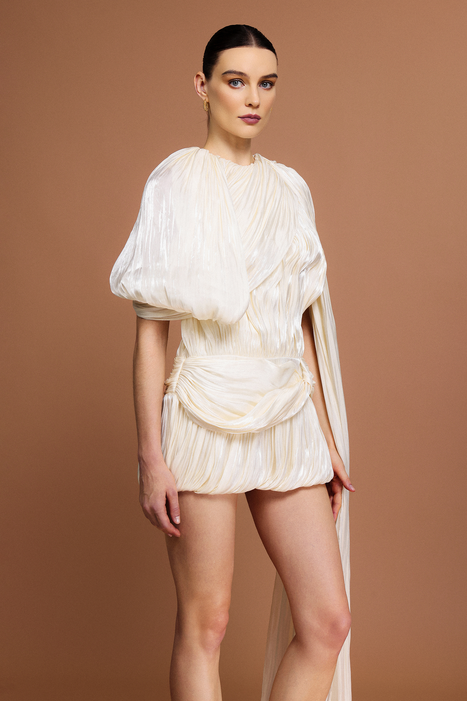 Pallas Round Neck Folds Streamer Mini Dress