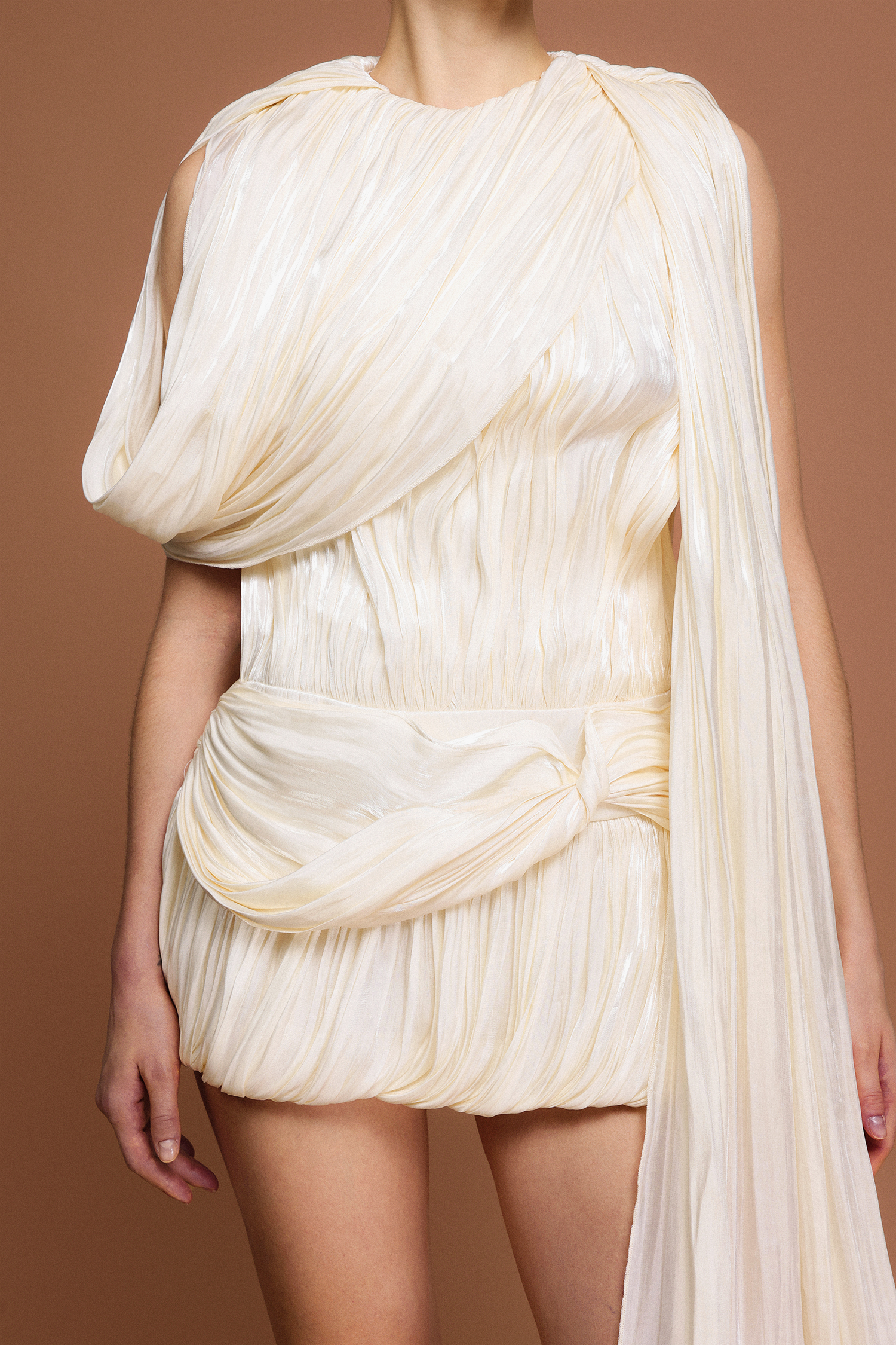 Pallas Round Neck Folds Streamer Mini Dress