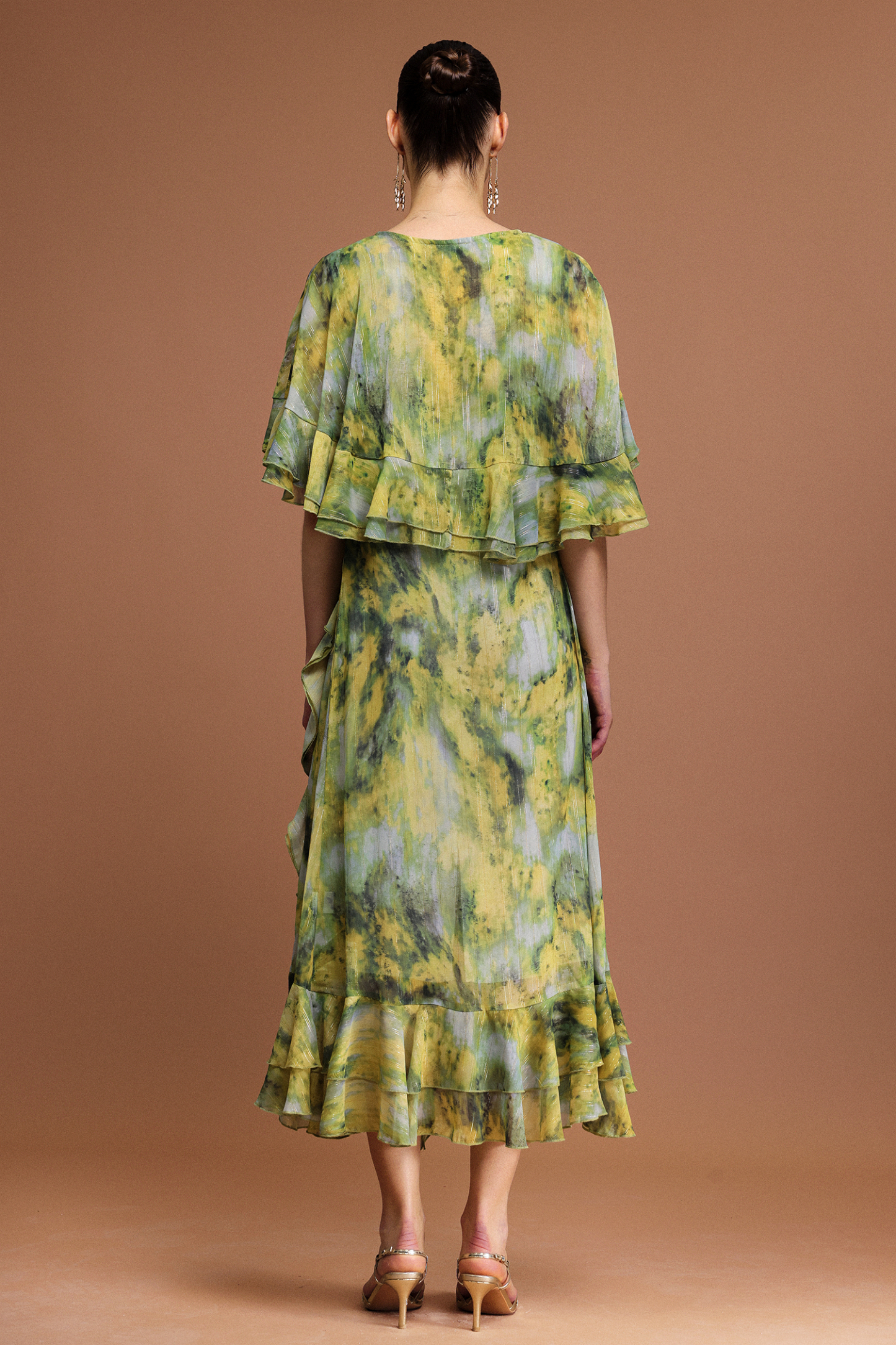 Kasai V-Neck Short Sleeves Printed Folds Maxi Dress