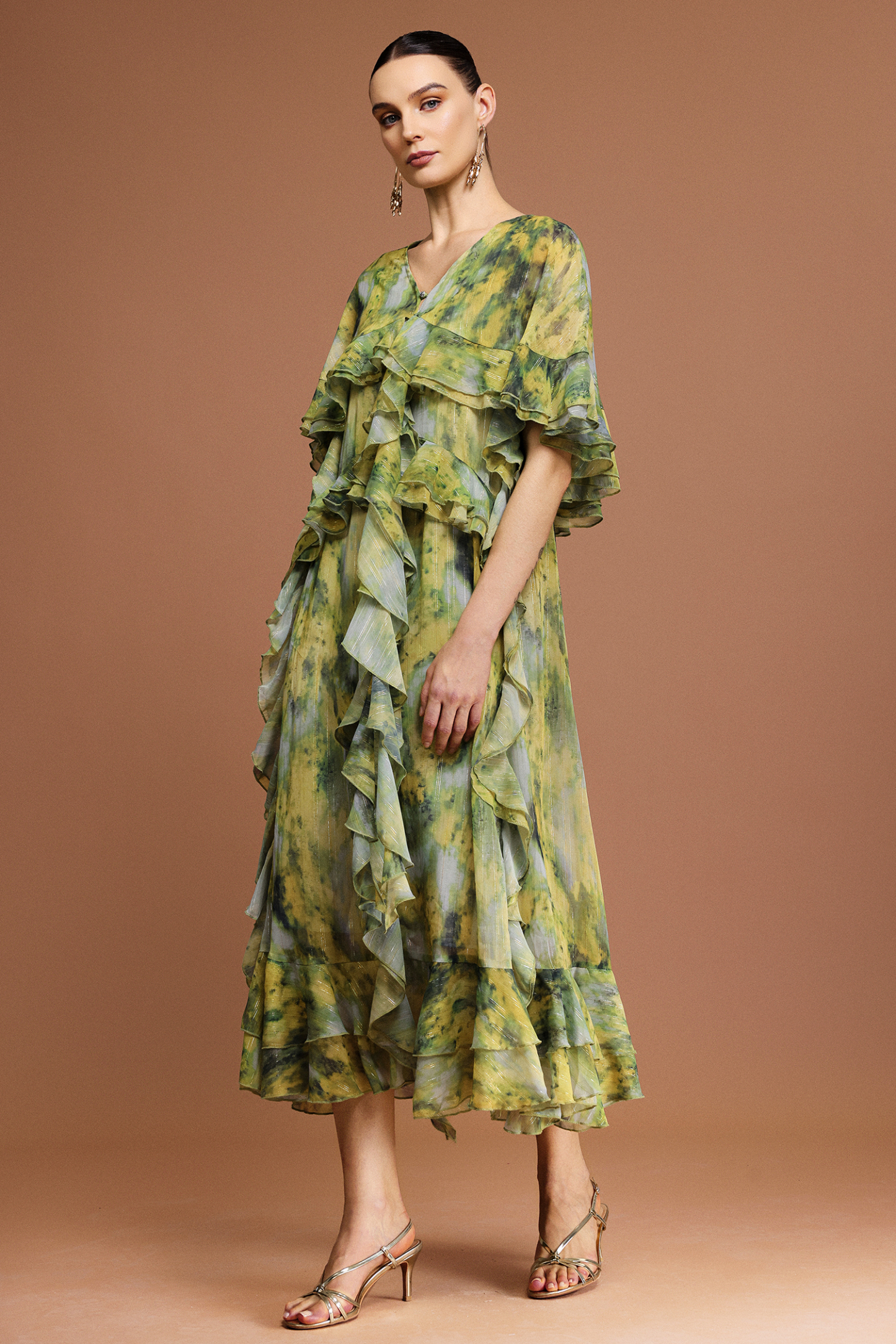 Kasai V-Neck Short Sleeves Printed Folds Maxi Dress