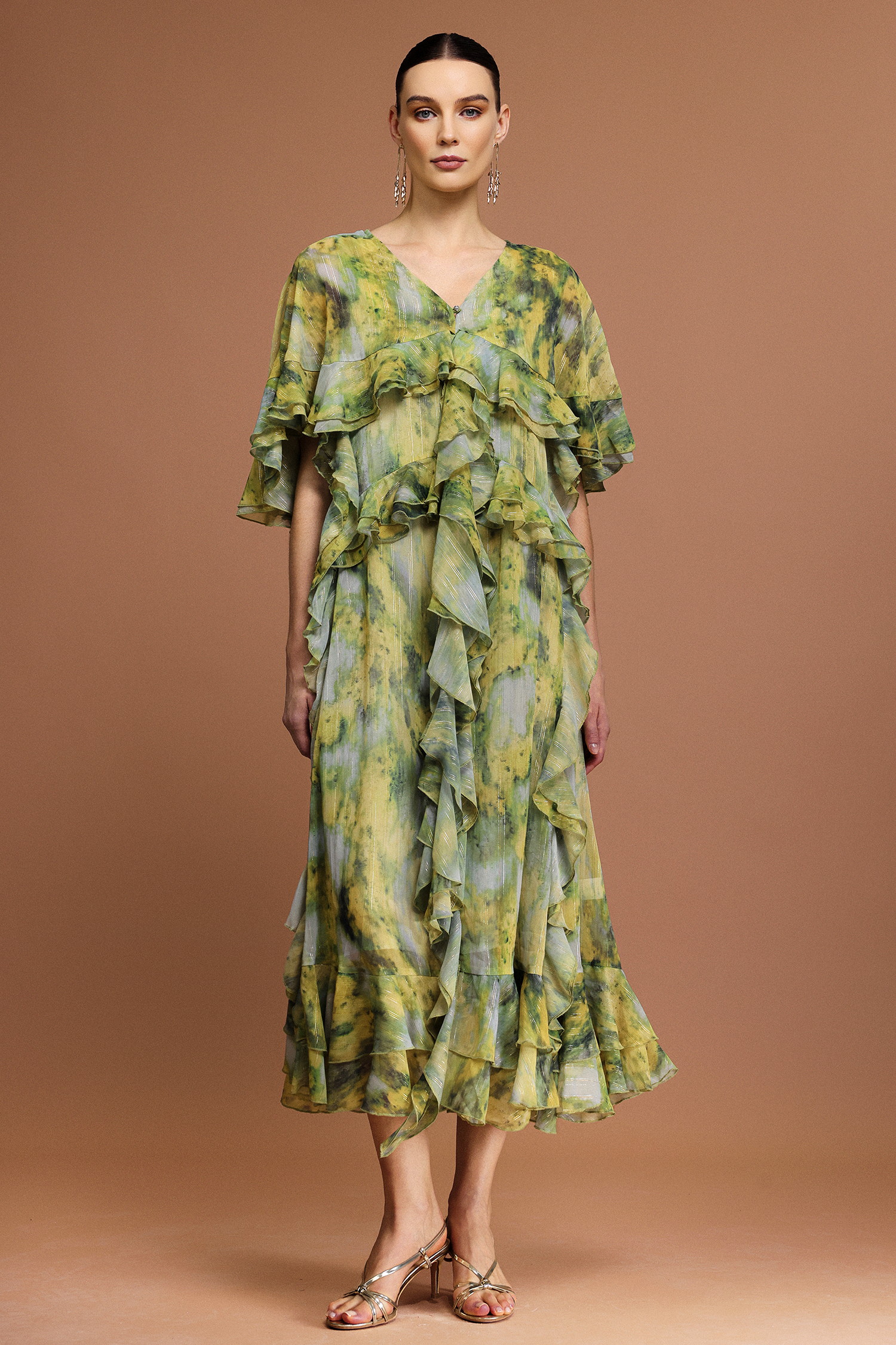 Kasai V-Neck Short Sleeves Printed Folds Maxi Dress