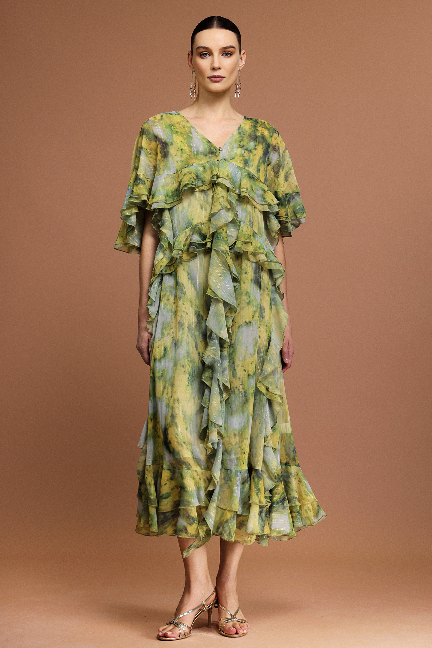 Kasai V-Neck Short Sleeves Printed Folds Maxi Dress
