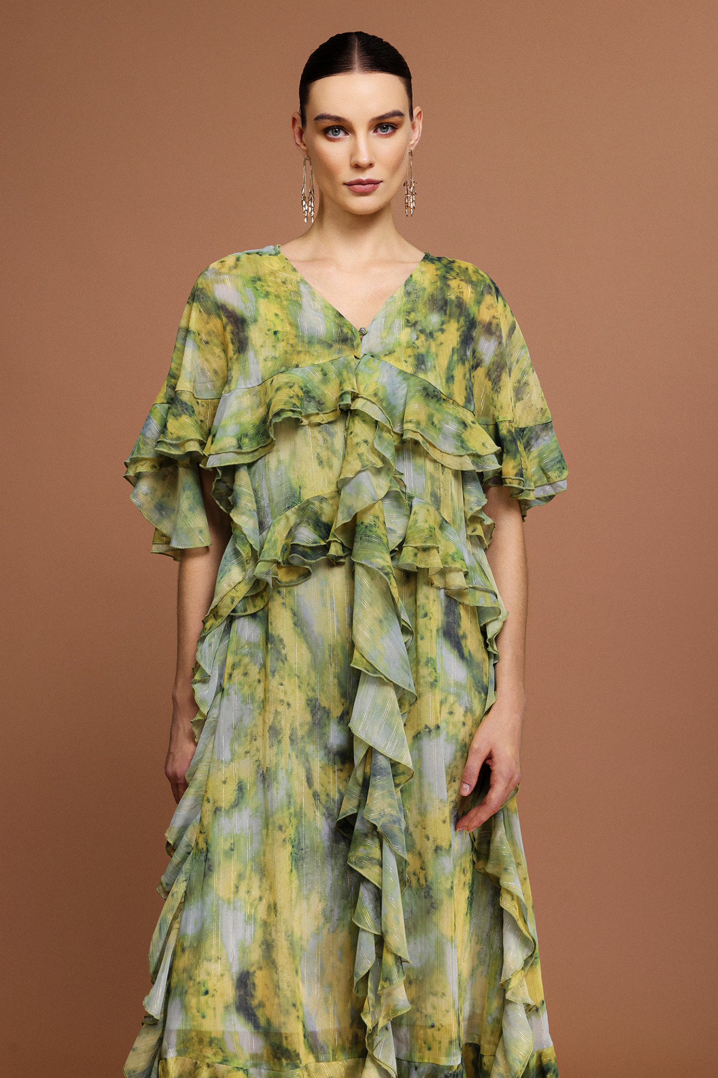 Kasai V-Neck Short Sleeves Printed Folds Maxi Dress