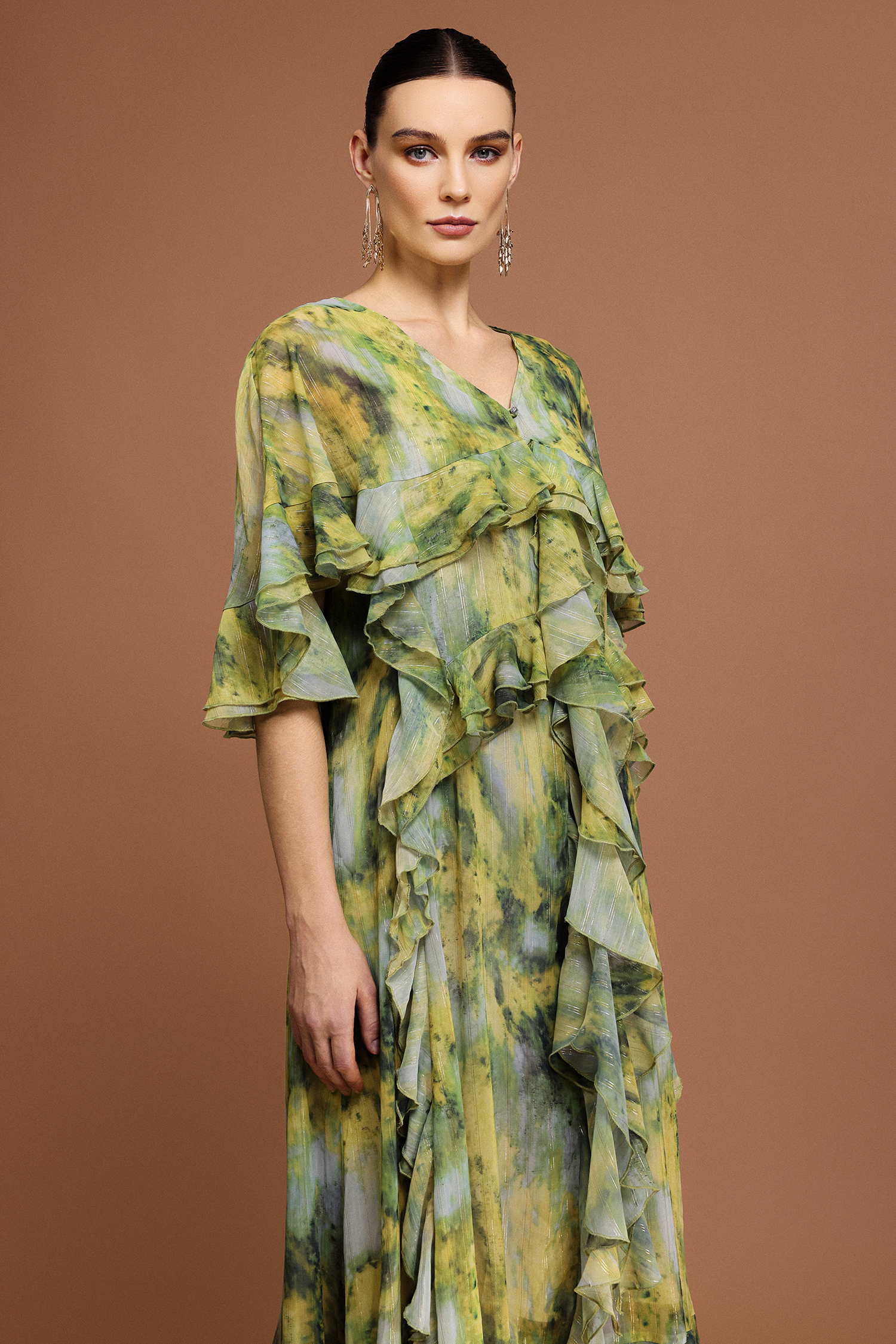 Kasai V-Neck Short Sleeves Printed Folds Maxi Dress