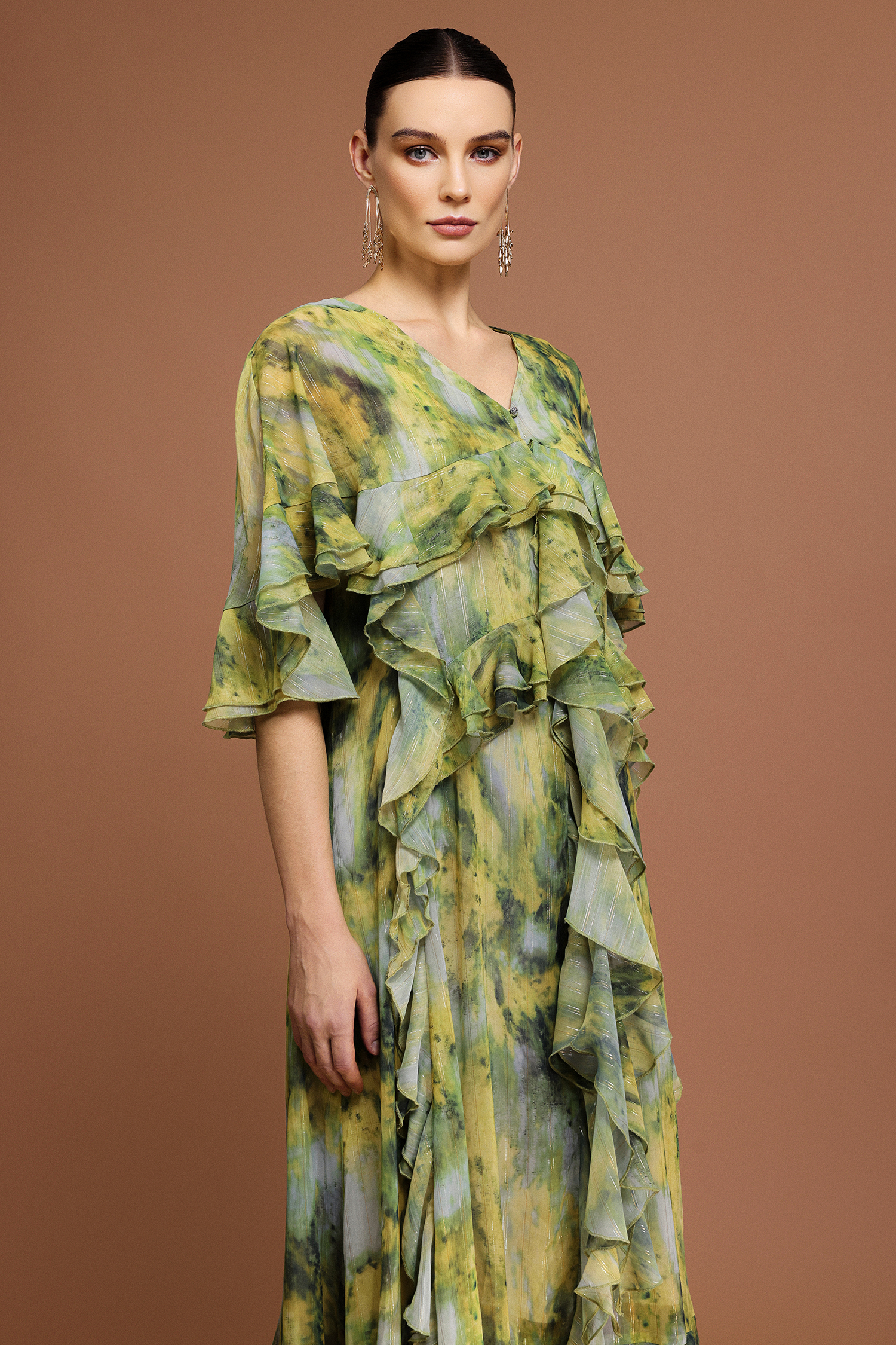 Kasai V-Neck Short Sleeves Printed Folds Maxi Dress