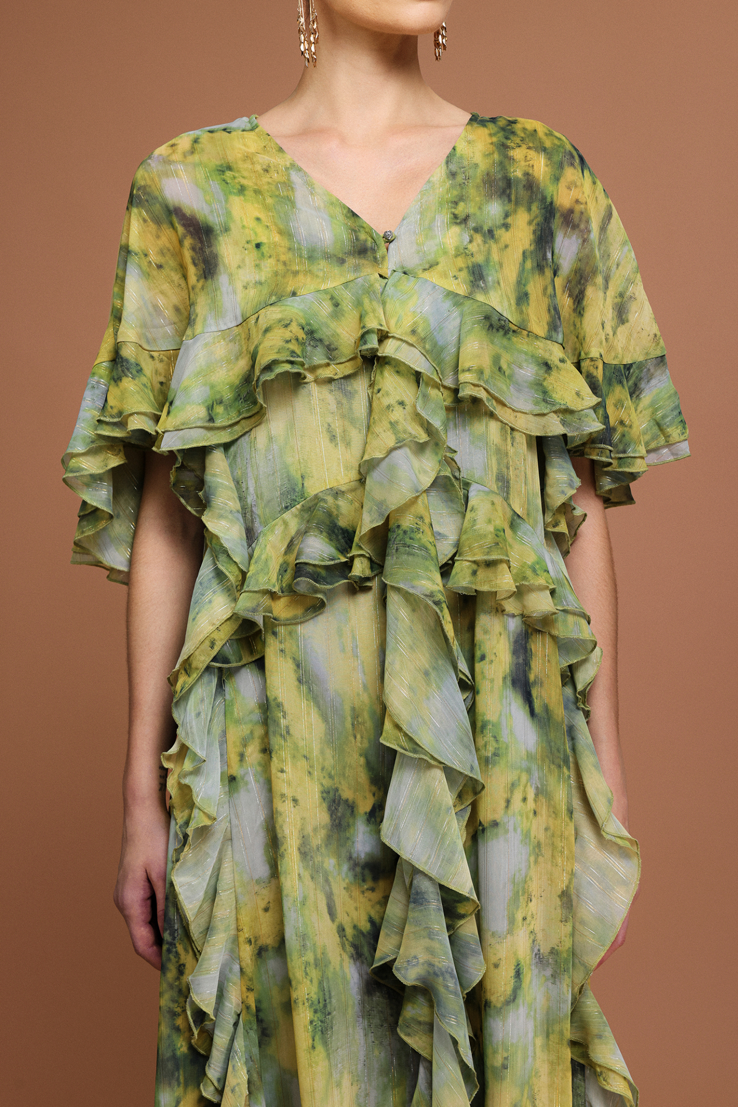 Kasai V-Neck Short Sleeves Printed Folds Maxi Dress