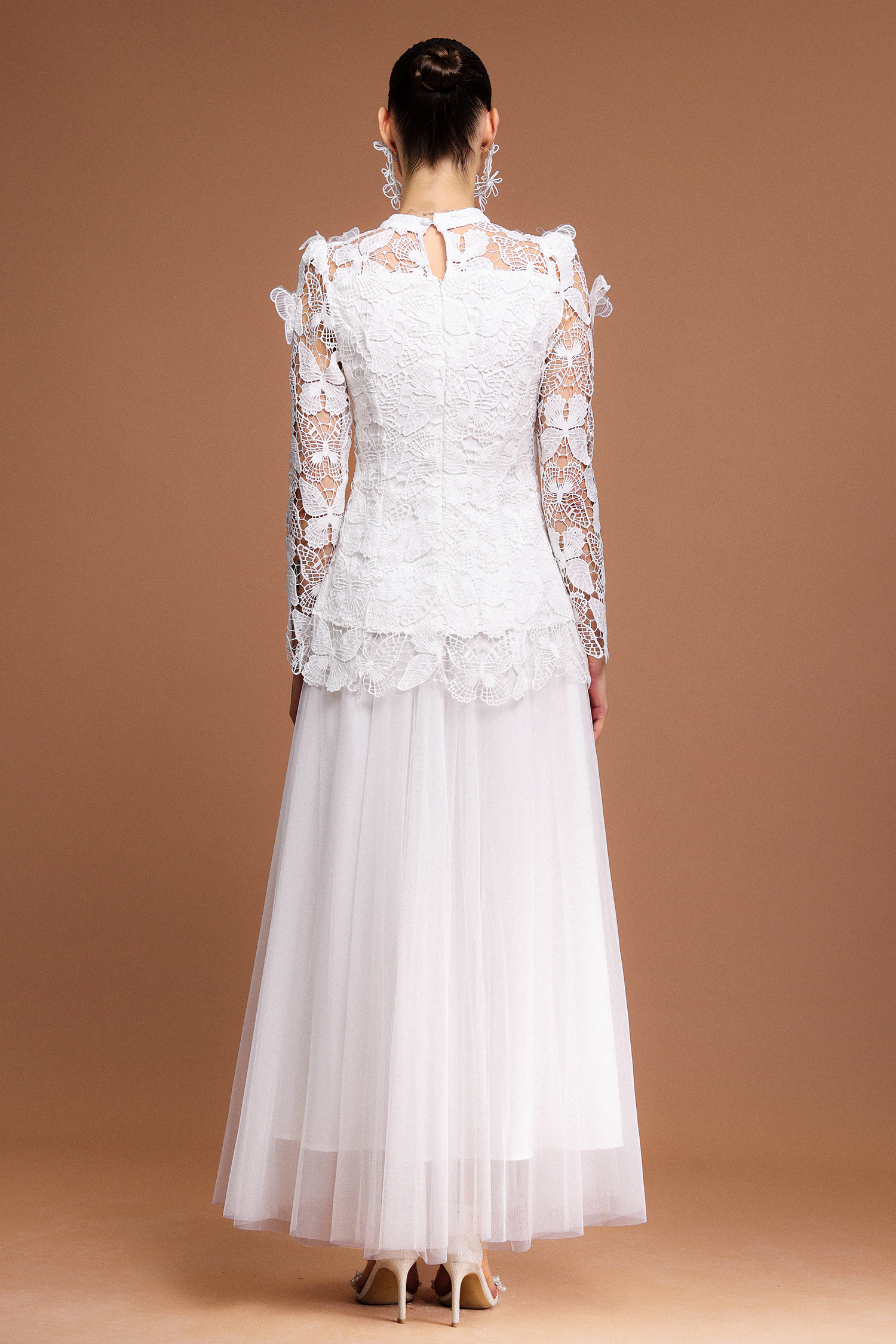 Starsha Long Sleeve Folds Lace Butterfly Top And Skirt Two-Piece Set