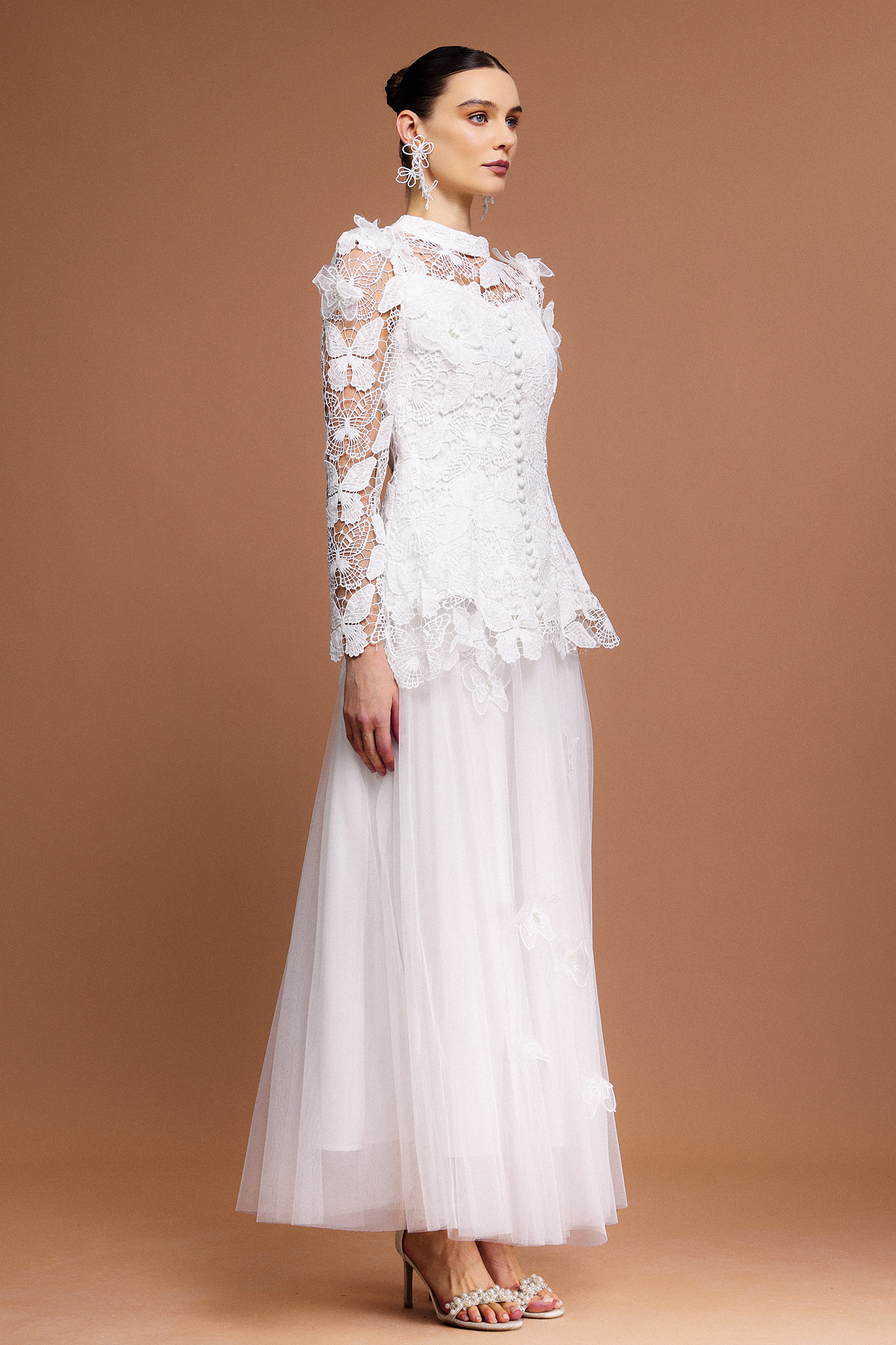 Starsha Long Sleeve Folds Lace Butterfly Top And Skirt Two-Piece Set