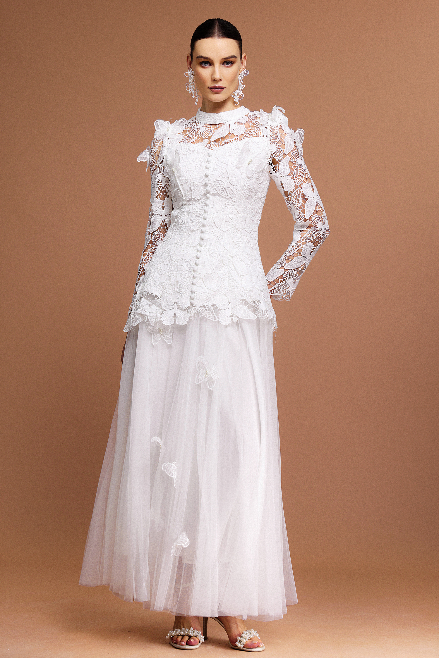 Starsha Long Sleeve Folds Lace Butterfly Top And Skirt Two-Piece Set