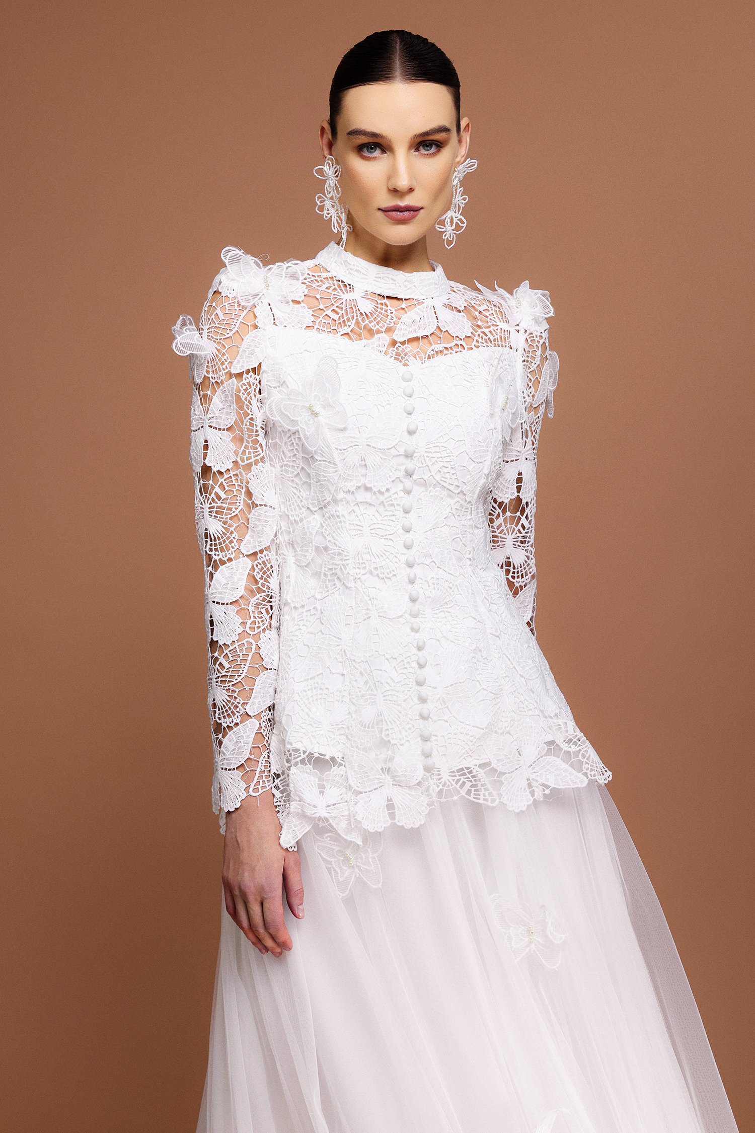 Starsha Long Sleeve Folds Lace Butterfly Top And Skirt Two-Piece Set